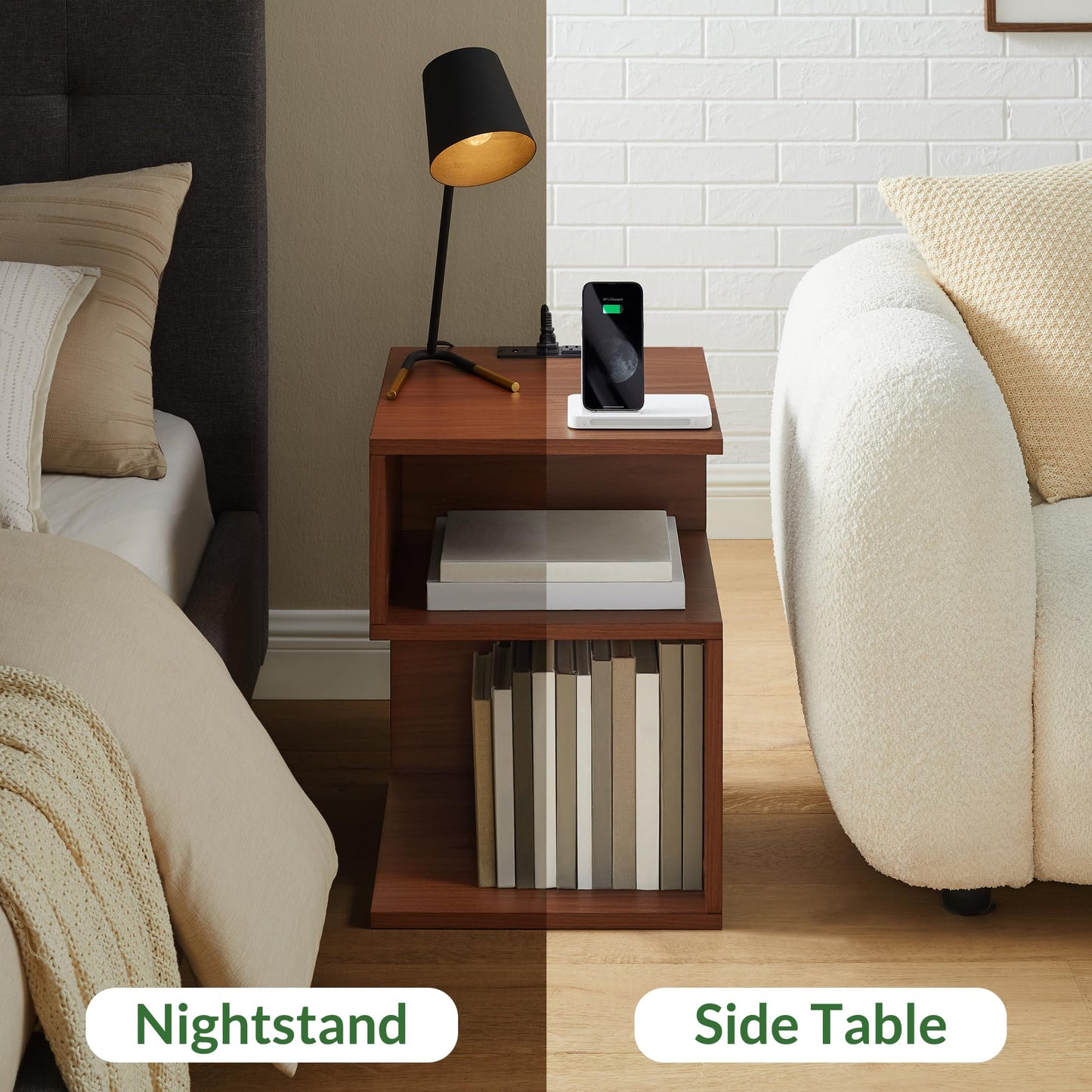 ODIKA Tokyo S Flip Minimalist 3 Tier End Table with Fast Charging Station - USB C Cable Wood Nightstand for Small Spaces with Open Storage Bedside Table for Bedroom (Reverse, Oak w/Charging)