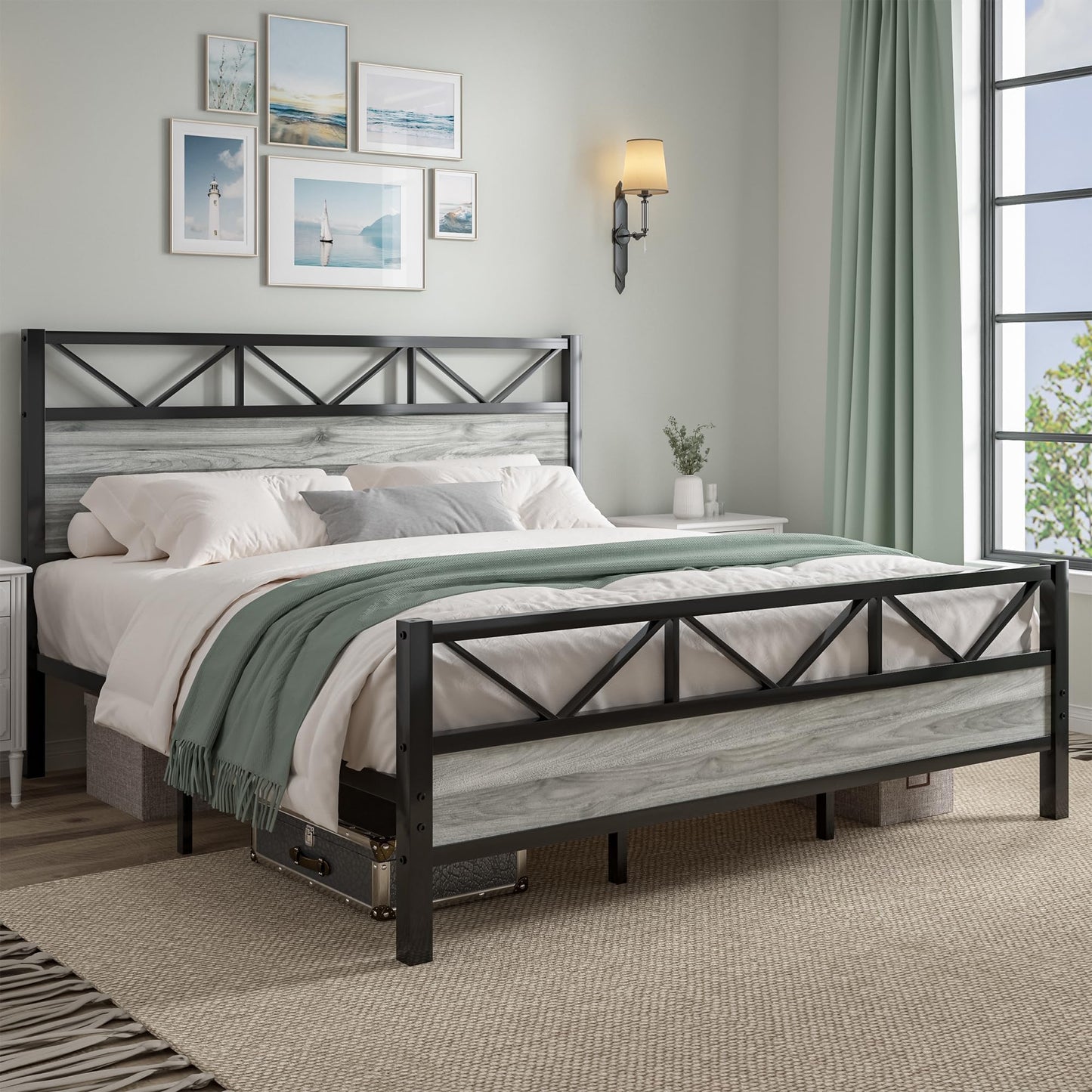 CHABUILDREARK King Bed Frame and Headboard, Industrial 51.2" Tall Headboard, King Platform Bed Frame with Heavy Duty Metal Slats Support, No Box Spring Needed, Noise-Free, Easy Assembly, Wash Grey