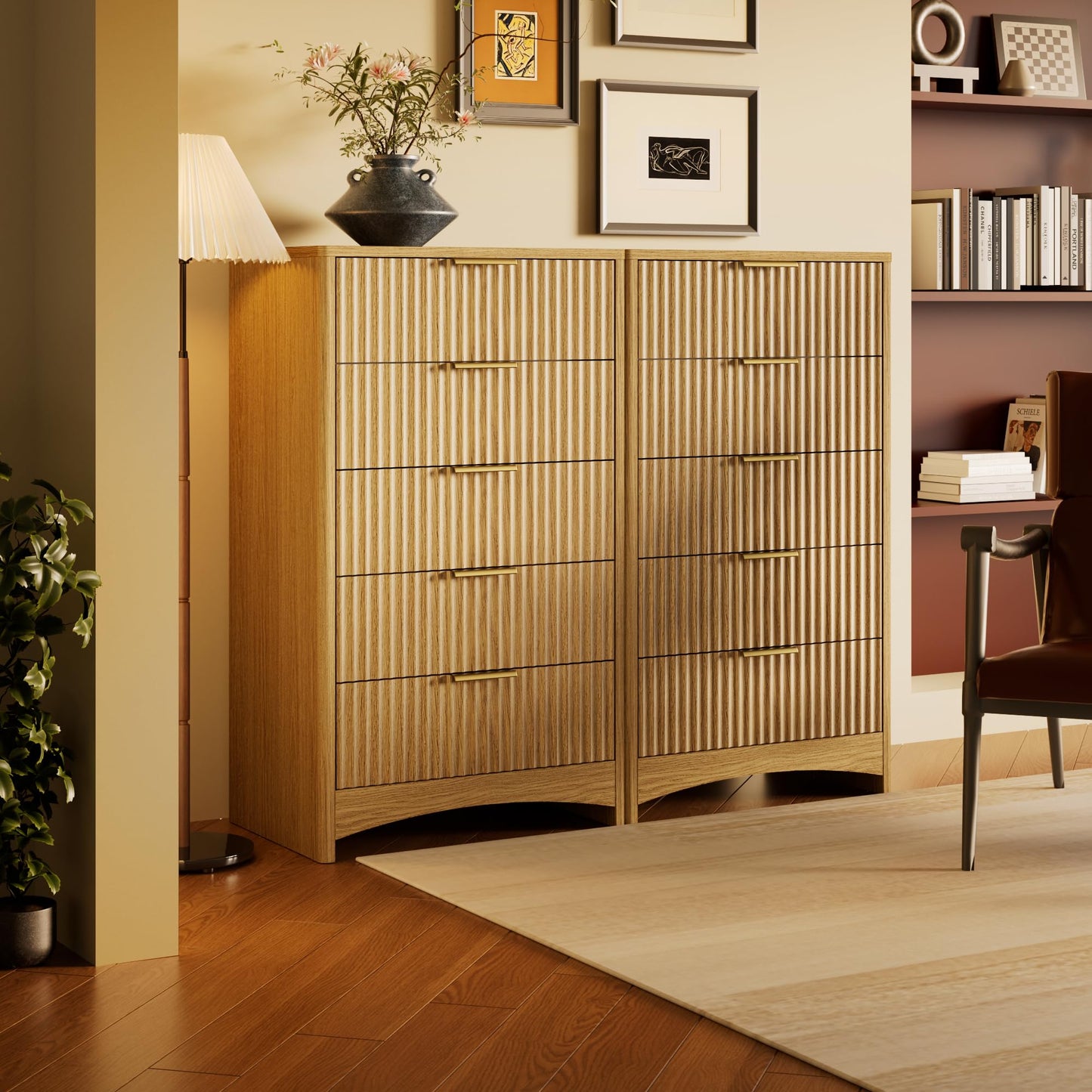 Marsail Fluted 5-Drawer Tall Wooden Dresser, Smooth Gliding Drawers & Large Capacity Storage Space, Modern Organizer Cabinet for Bedroom or Hallway, Natural Oak