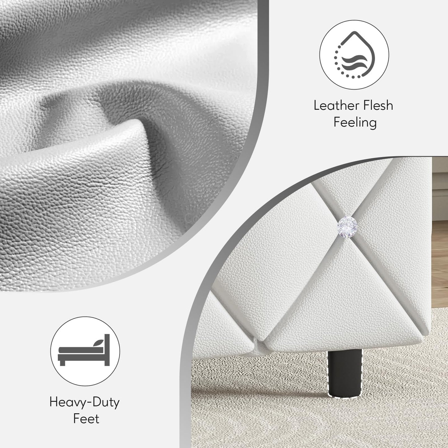 HOMBCK Full Platform Bed Frame with Upholstered Diamond Headboard, Mattress Foundation with Strong Wooden Slats Support, No Box Spring Needed, Easy Assembly, Pearlized White