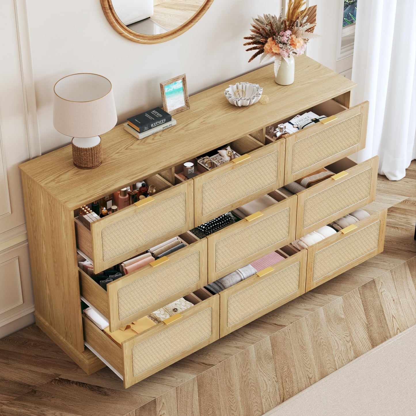 HUAHUU 9 Drawer Dresser for Bedroom, 60 Inch Long Dressers & Rattan Chest of Drawers, Large TV Stand for 55, 65, 70 Inch TV, Boho Style, Modern Dresser for, Living Room, Entryway, Bedroom, Natural Oak