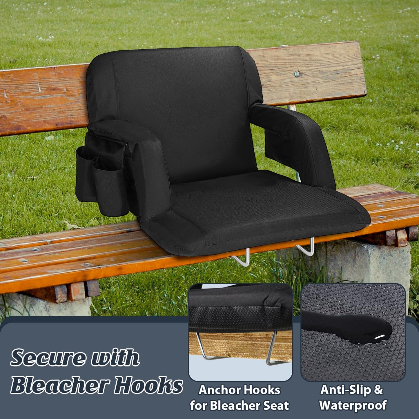 Gbekery Extra Wide Stadium Seats with Back Support,25" Wide 2 Pack Padded Reclining Bleacher Chairs with Back and Cushion,6 Reclining Positions,2 Steel Bleacher Hooks,Side Pockets & Cup Holders(Black)