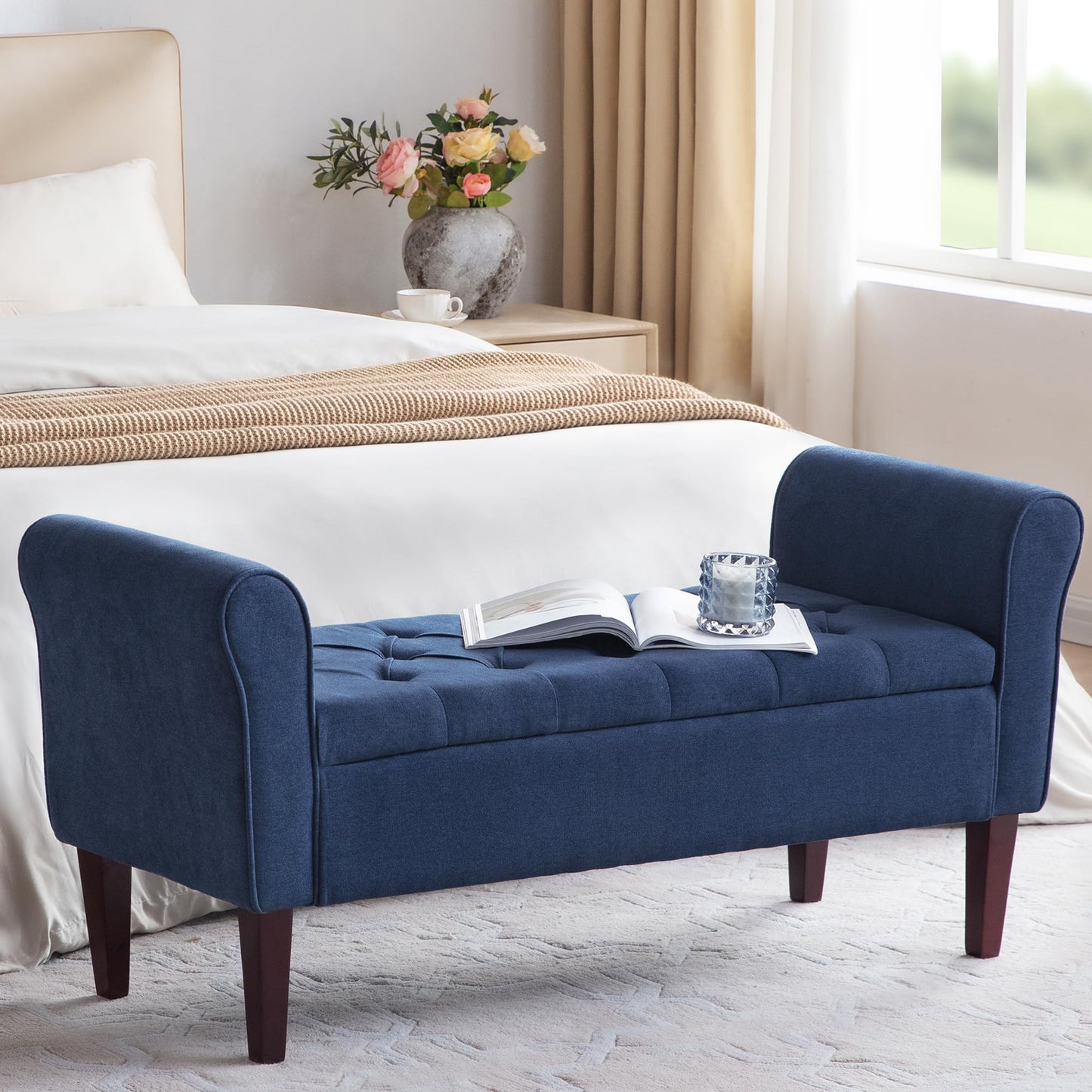 HUIMO 50.4" Arm Storage Bench with 7.5-inch Solid Wood Legs, Button-Tufted Storage Ottoman, Upholstered Window Sitting Bench for Bedroom,End of Bed Bench Indoor, Living Room, Entryway (Blue)