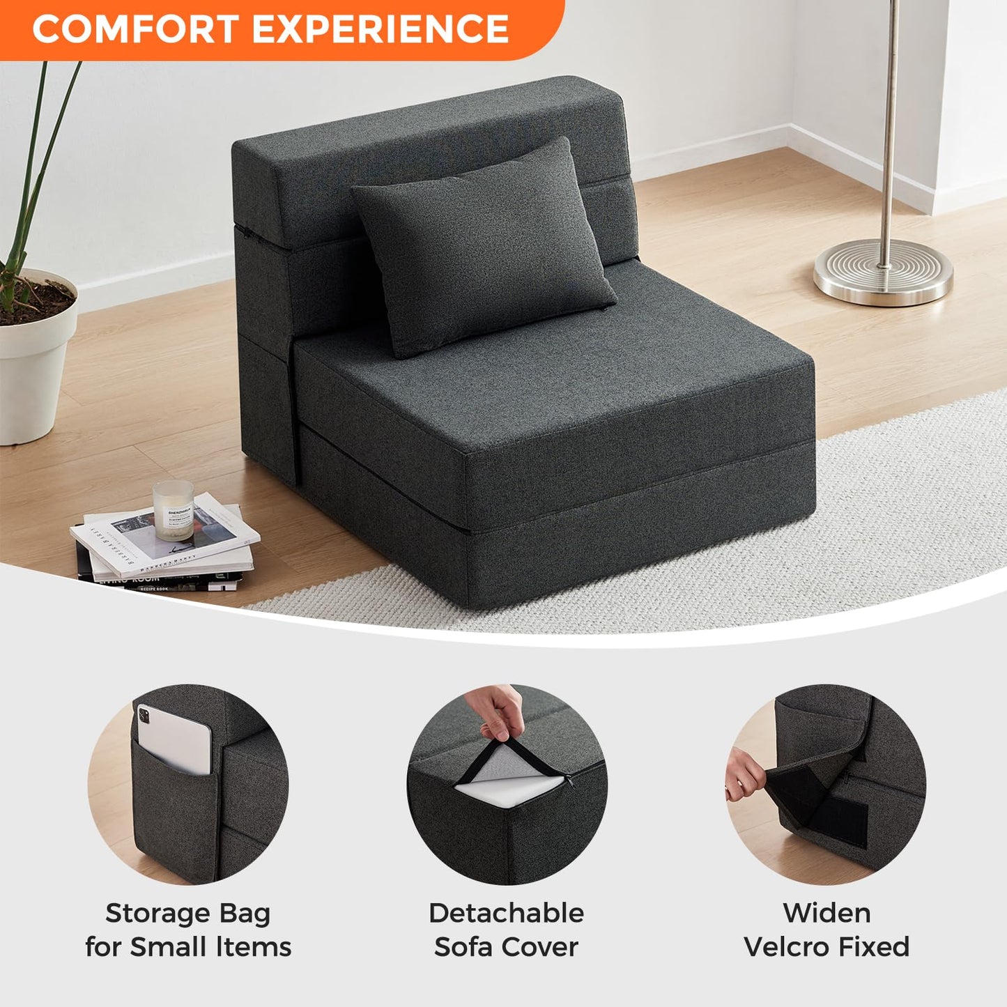 TKBRWU Folding Sofa Bed - Convertible Sleeper Chair with Pillow, Folding Chair Bed, Foam Floor Mattress, Futon Couch, Lazy Sofa for Living Room/Dorm/Guest Room/Home Office,Single，Gray