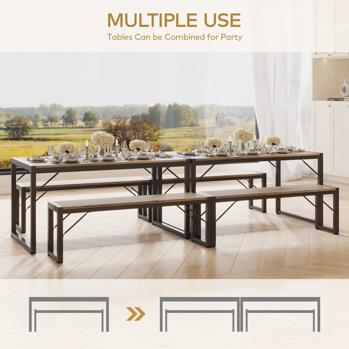 Gizoon 45.5" Dining Table Set for 4 with 2 Benches, Kitchen Table Set with Metal Frame & MDF Board, Space-Saving Dinette for Kitchen, Dining Room -Grey