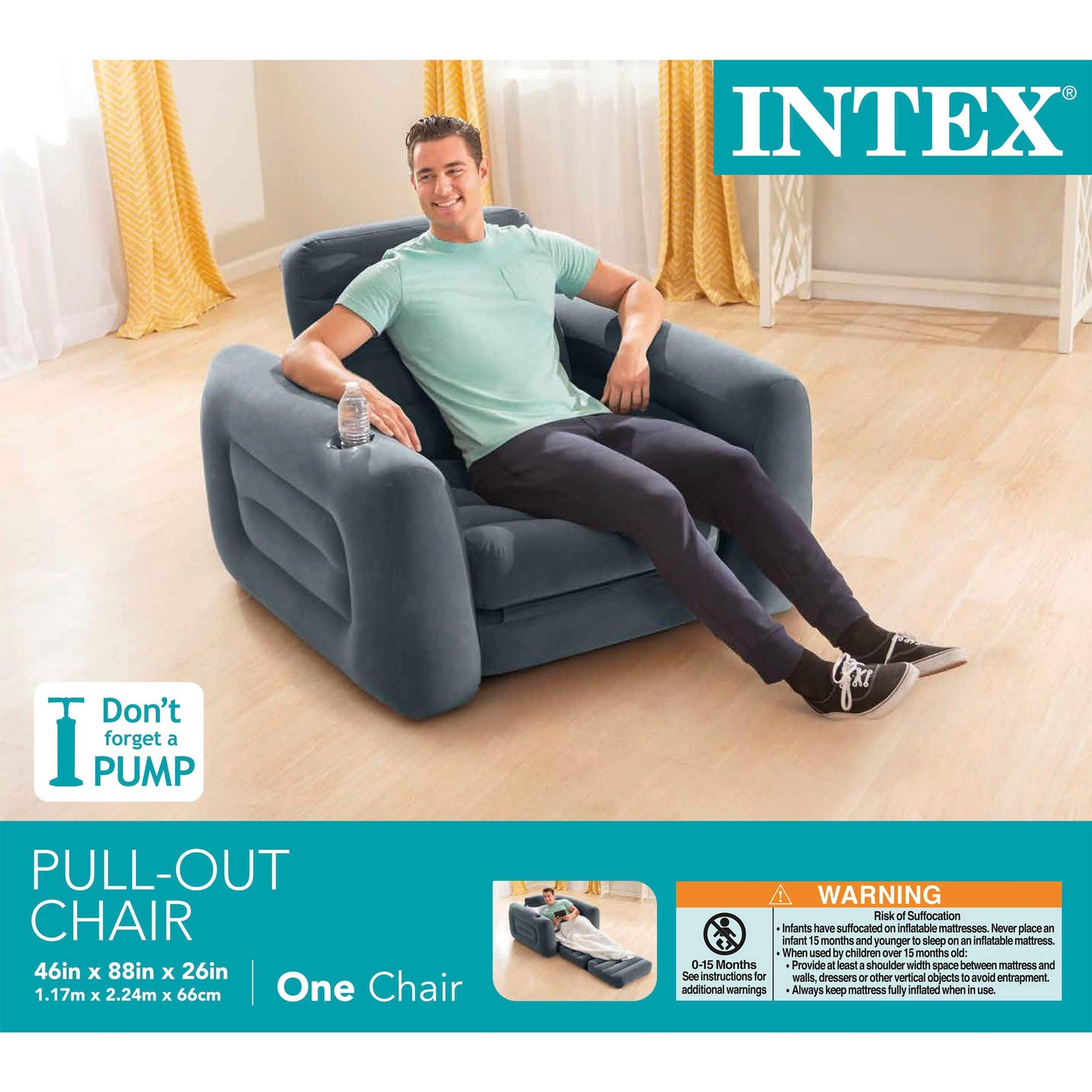 Intex 2 in 1 Inflatable Pull Out Sofa Chair and Twin Air Bed Mattress with Cup Holders for Indoor and Outdoor Use for Adults (3 Pack), Charcoal