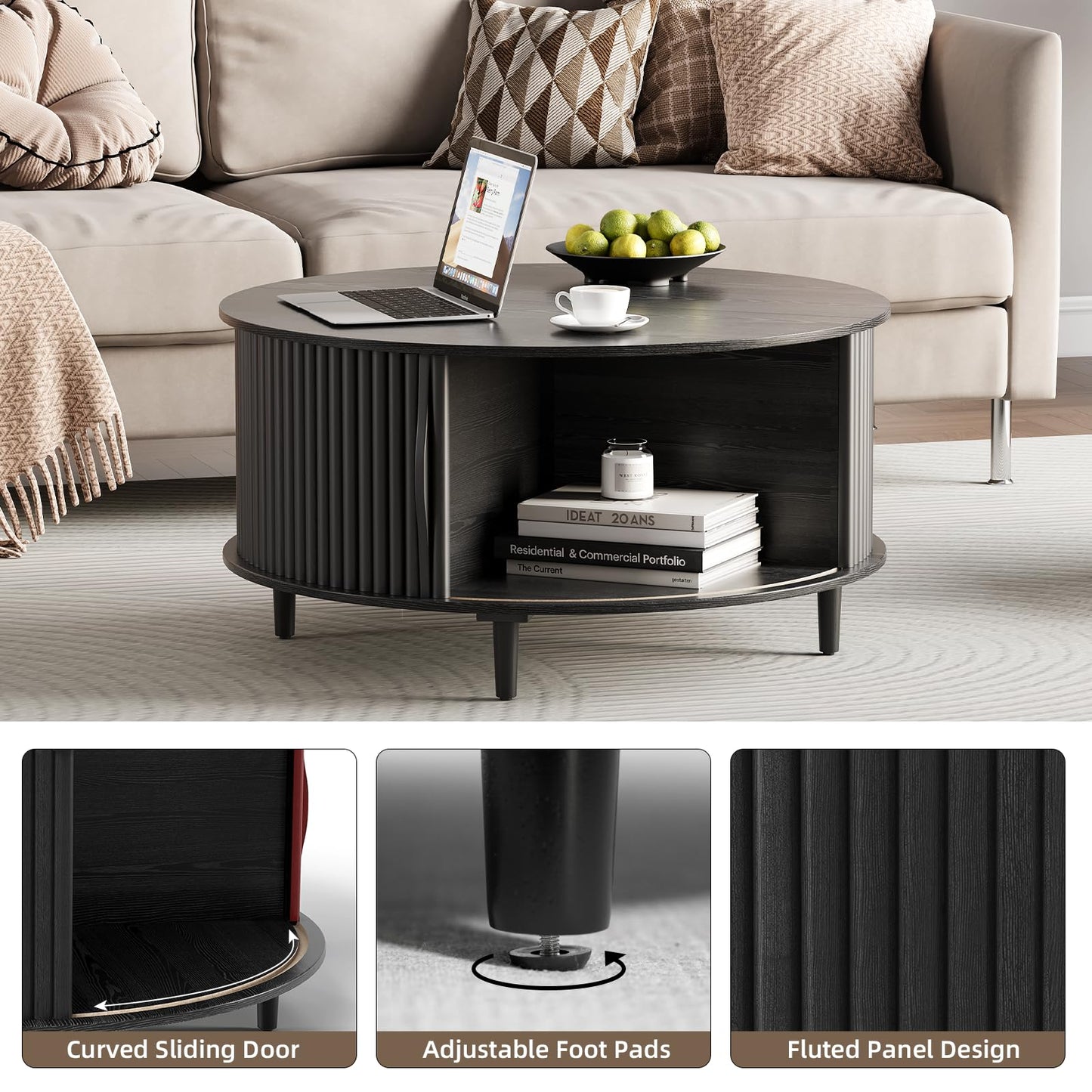 JOINICE,Round Coffee Table with Storage, Mid Century Modern Center Table with Sliding Cabinet Door, Fluted Dining Table for Living Room, Home Small Space, 31.5", Black