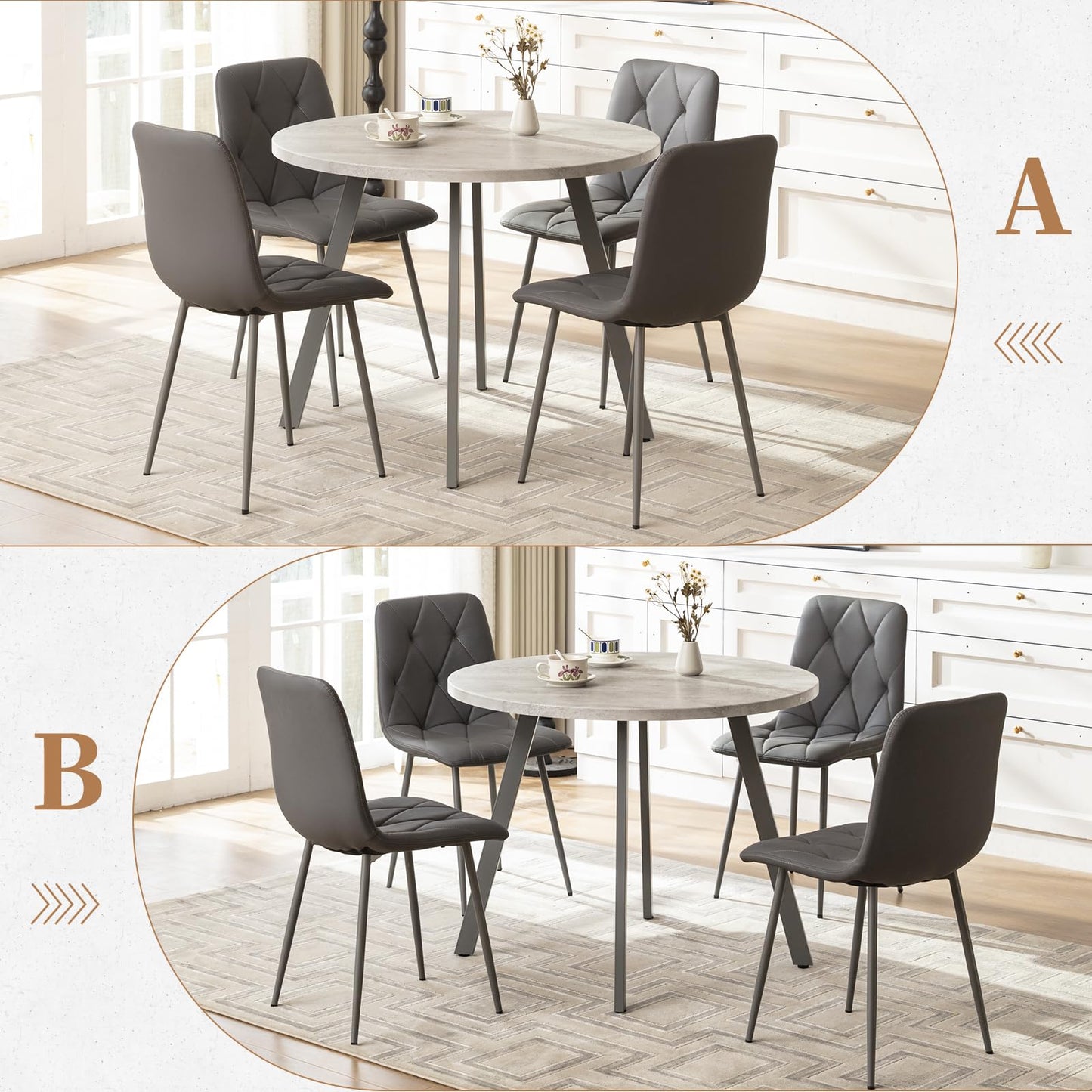 Sesslife Round Dining Table Set for 4 Faux Marble 39“ Round Kitchen Table with 4 PU Chairs for Space Saving Apartment Kitchen Dining Room (Gray + Gray)