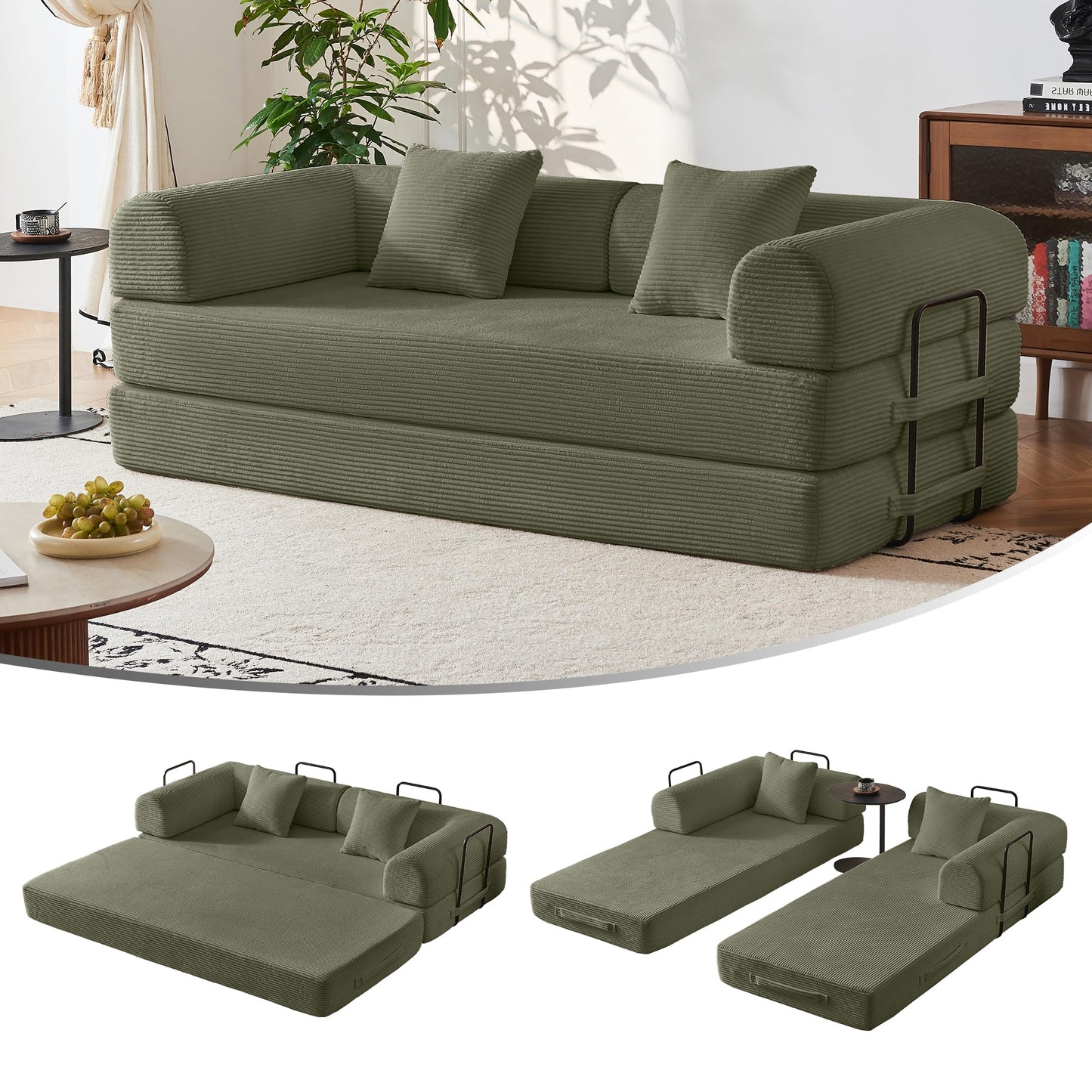 Bsxupke 79" Compression Sofa, Convertible Sleeper Sofa Bed, Couch Bed with Fixed-Shape Frame, Corduroy Floor Sofa, Couches for Living Room with 2 Pillows, No Assembly Required, Green