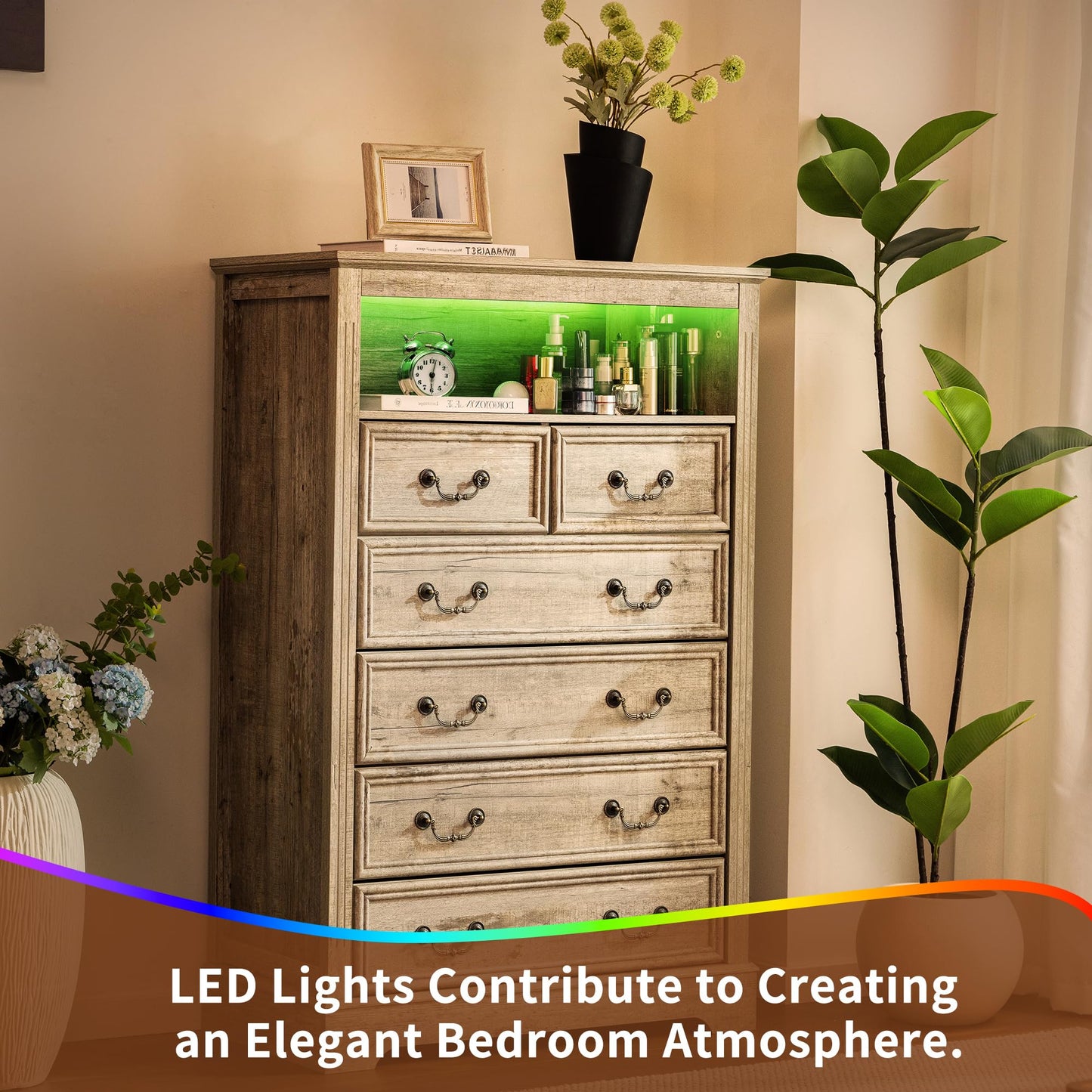 Homkdom Dresser for Bedroom with Charging Station & LED Light,Tall Dresser & Chests of Drawers with 6 Drawers,Vintage Gray