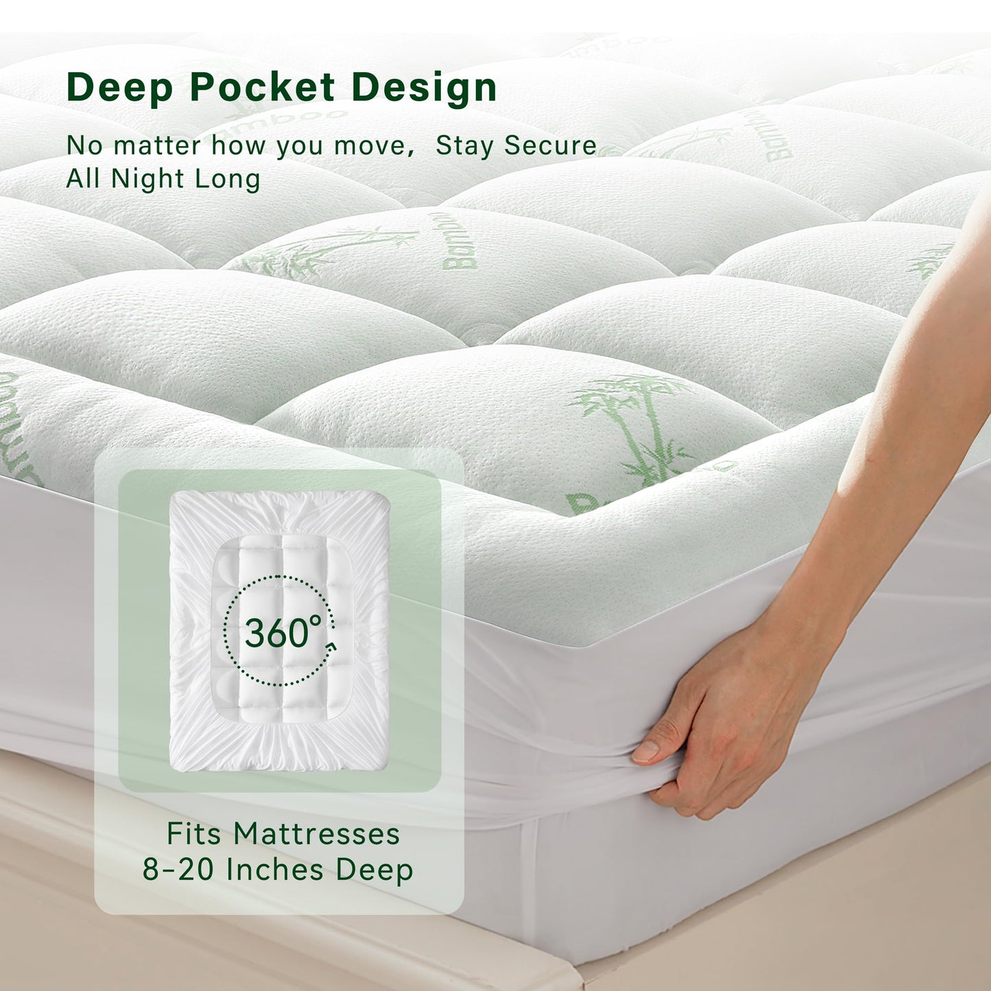 Anluoer Memory Foam Mattress Topper Queen for Back Pain, Rayon Derived from Bamboo Pillow Top Mattress Topper for Hot Sleepers,Cooling Mattress Pad with 8-21" Deep Pocket, 60x80 Inches, White