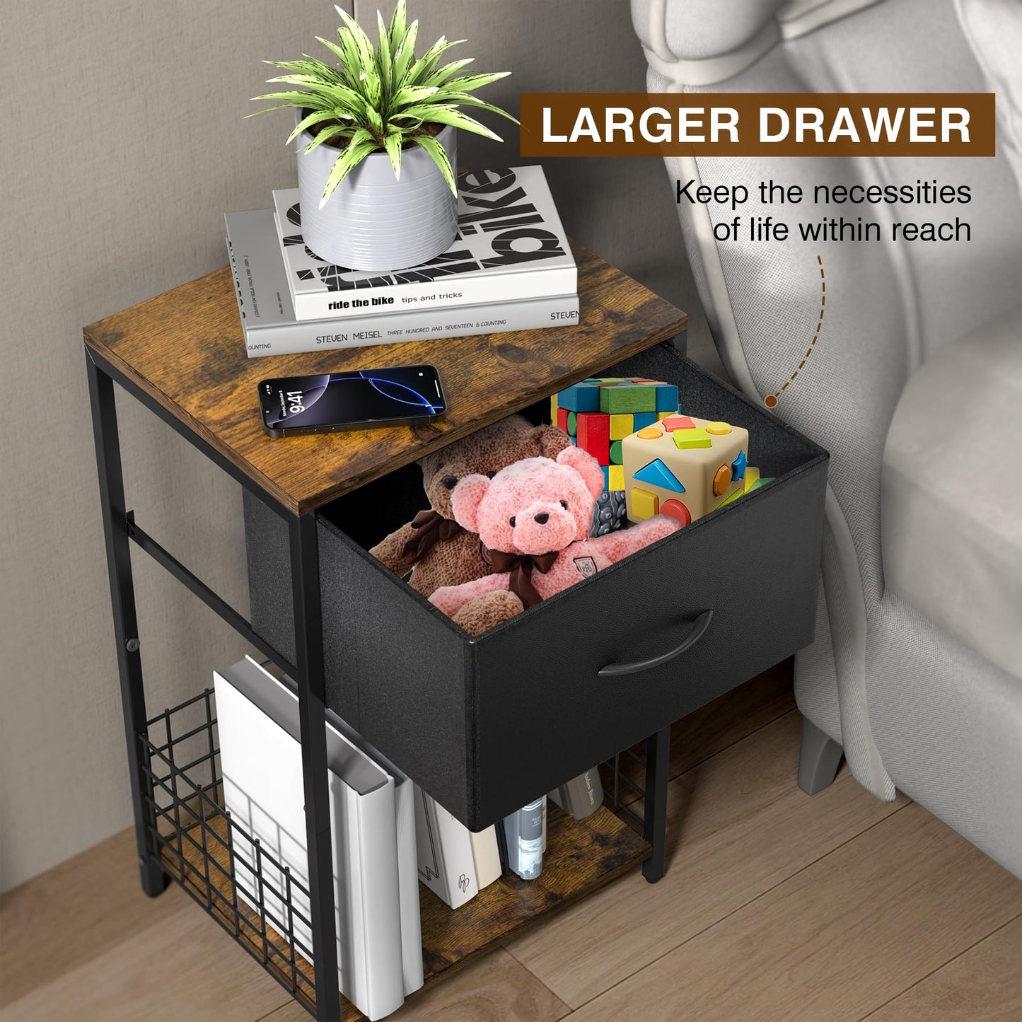 End Table Night Stand, Side Table Bedroom with Book Shelf & Storage Drawer, Night Stand with Fabric Bin for Bedroom, Corner Book Shelf for Home, Easy Assemble, Brown