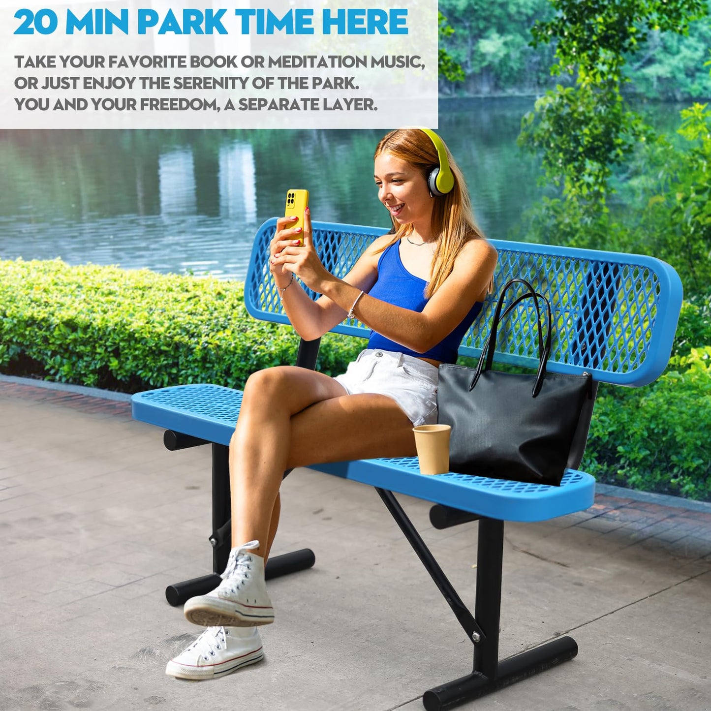 Heavy Duty Metal Park Bench for Outside, Outdoor Garden Benches with Backrest & Portable Frame, Expanded Metal Mesh Bench for Shopping Malls, Lawn, Park, Deck, Patio, Porch (Blue, 4FT/48INCH)