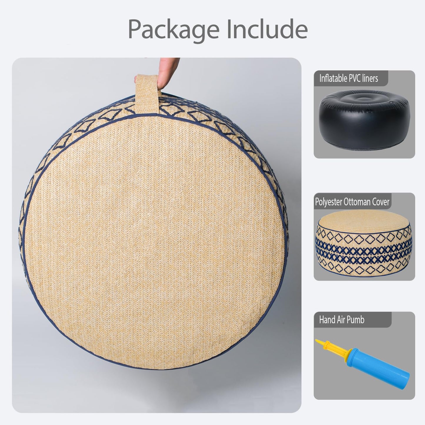 GLADTRAX Outdoor Inflatable Ottoman with Air Pump, Embroidery Patio Footrest Stool D21”x H9”, Round Pouf Ottoman with Portable Handle Suitable for Garden, Camping, Bedroom, Living Room