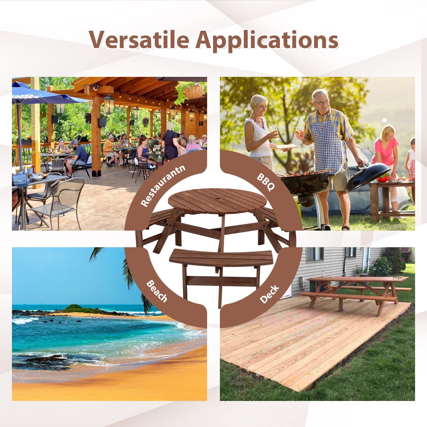 DOPERFE 6-Person Outdoor Round Wooden Picnic Table with 3 Built-in Benches, Outdoor Dining Set with Umbrella Holes, 1720 lb. Weight Capacity for Garden, Lawn, Patio (Brown, 66.92"*66.92"*27.55")