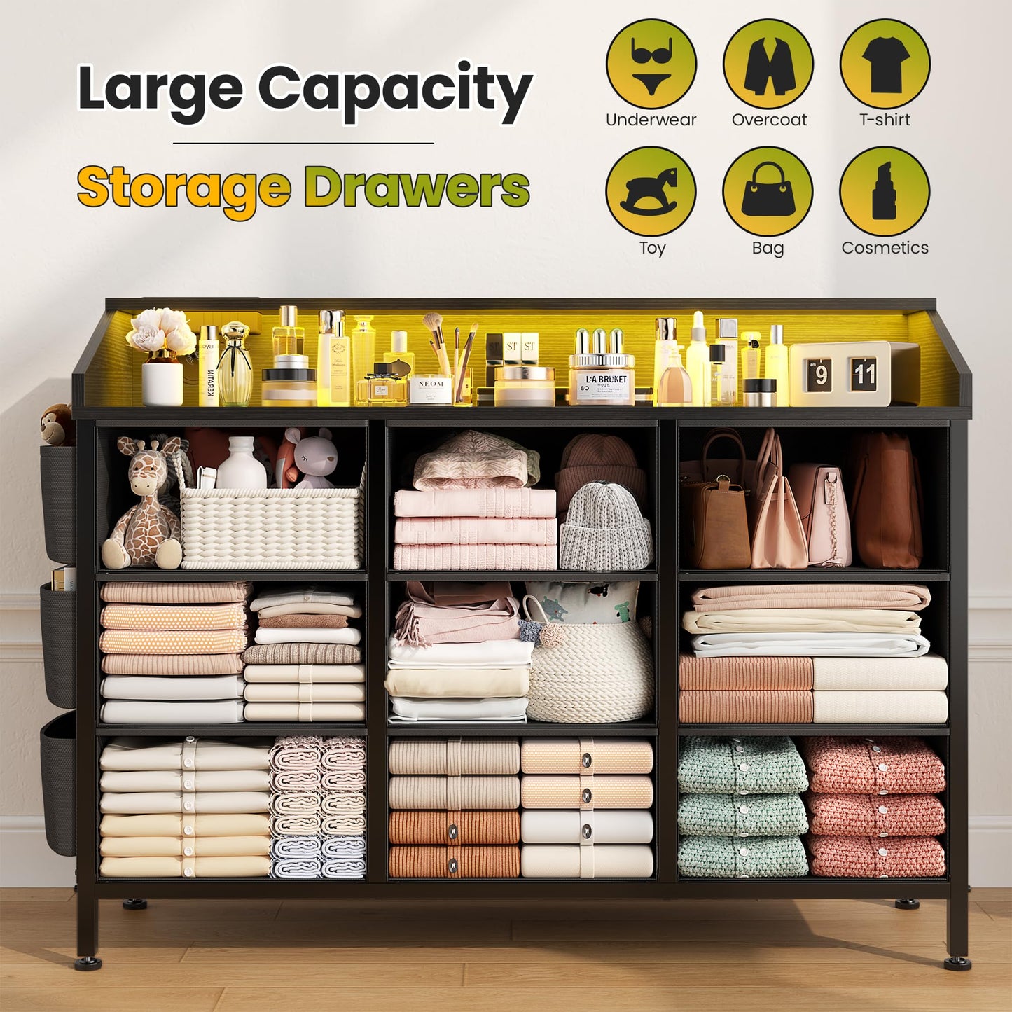 Black TV Stand Dresser for Bedroom 9 Drawers - Fabric Dresser Chest of Drawers for Living Room Hallway Closet (Black PU)