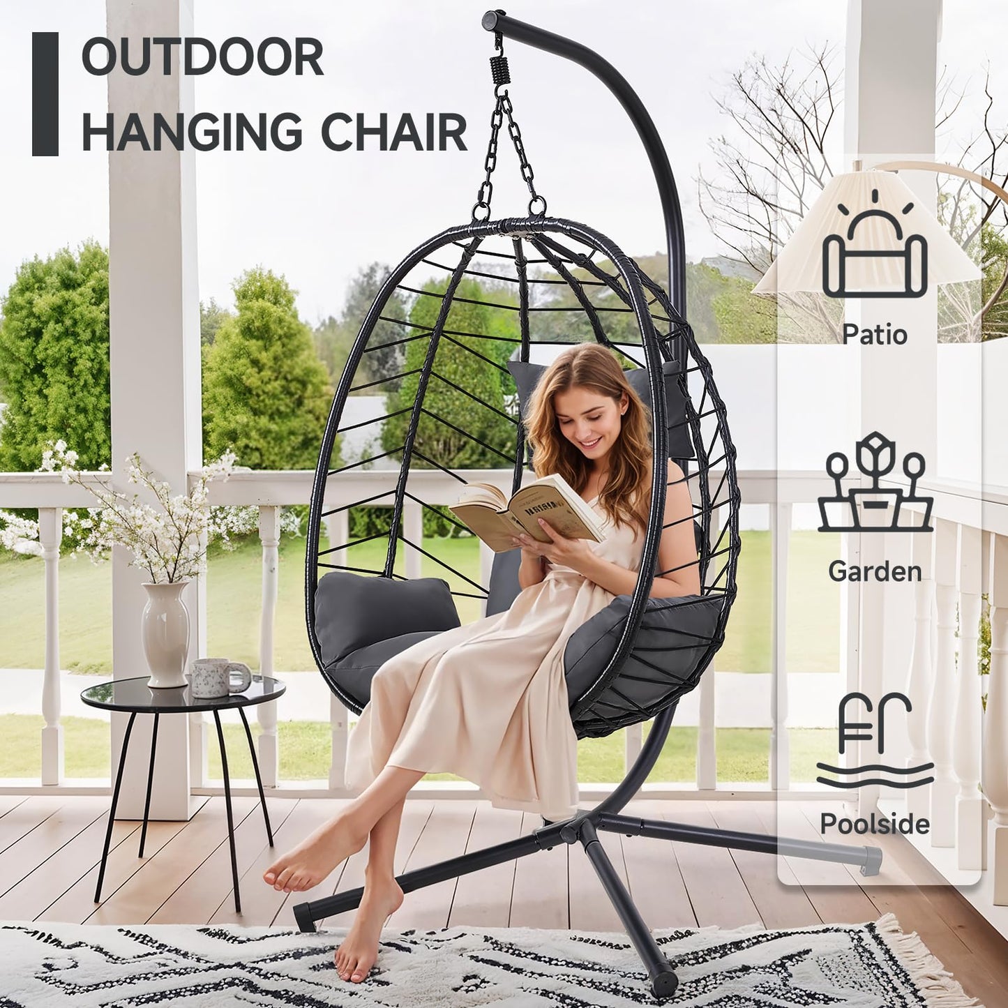 ONBRILL Hanging Egg Chair with Stand, Outdoor Indoor Egg Swing Chair with Cushion Headrest, Wicker Rattan Egg Chair with Dual Chains, 350LBS Capacity for Patio, Porch, Balcony, Bedroom (Dark Gray)