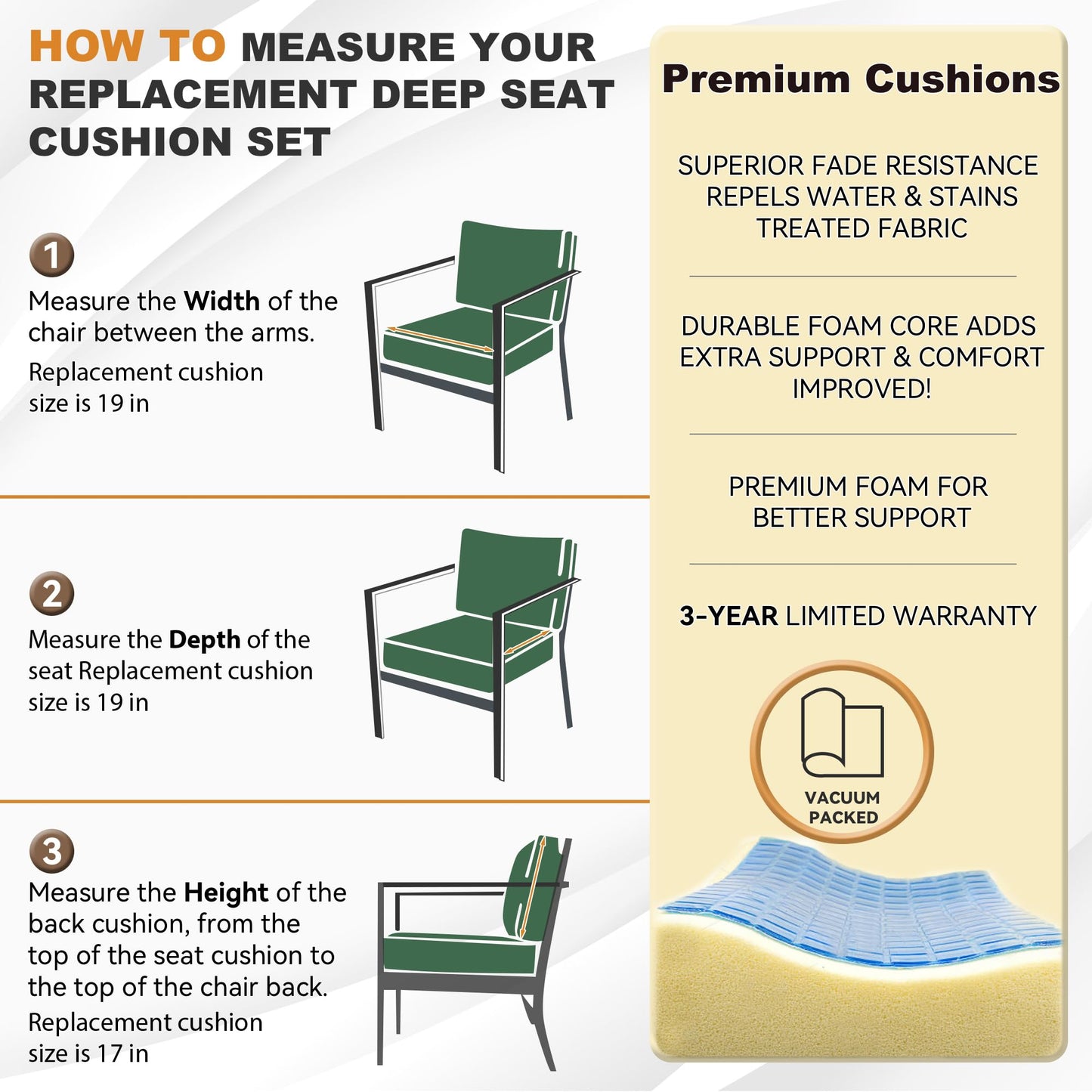 AONETOZ Deep Seat Patio Cushions Set 19 x 19 Inch,Olefin Fabric Outdoor Seat Cushion,Patio Furniture Cushions with Removable Cover,Rain-Proof and Fade Resistant Deep Seat Bottom & Back Cushion,1set