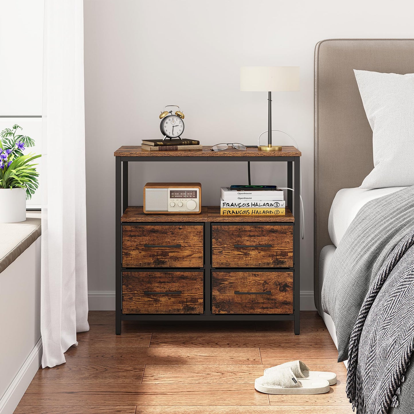TUTOTAK Large Night Stand with Charging Station, Nightstand with USB and Type-C Port, Bedside Table with Cloth Drawers, End Table for Livingroom, Bedroom, Brown TB01BB081