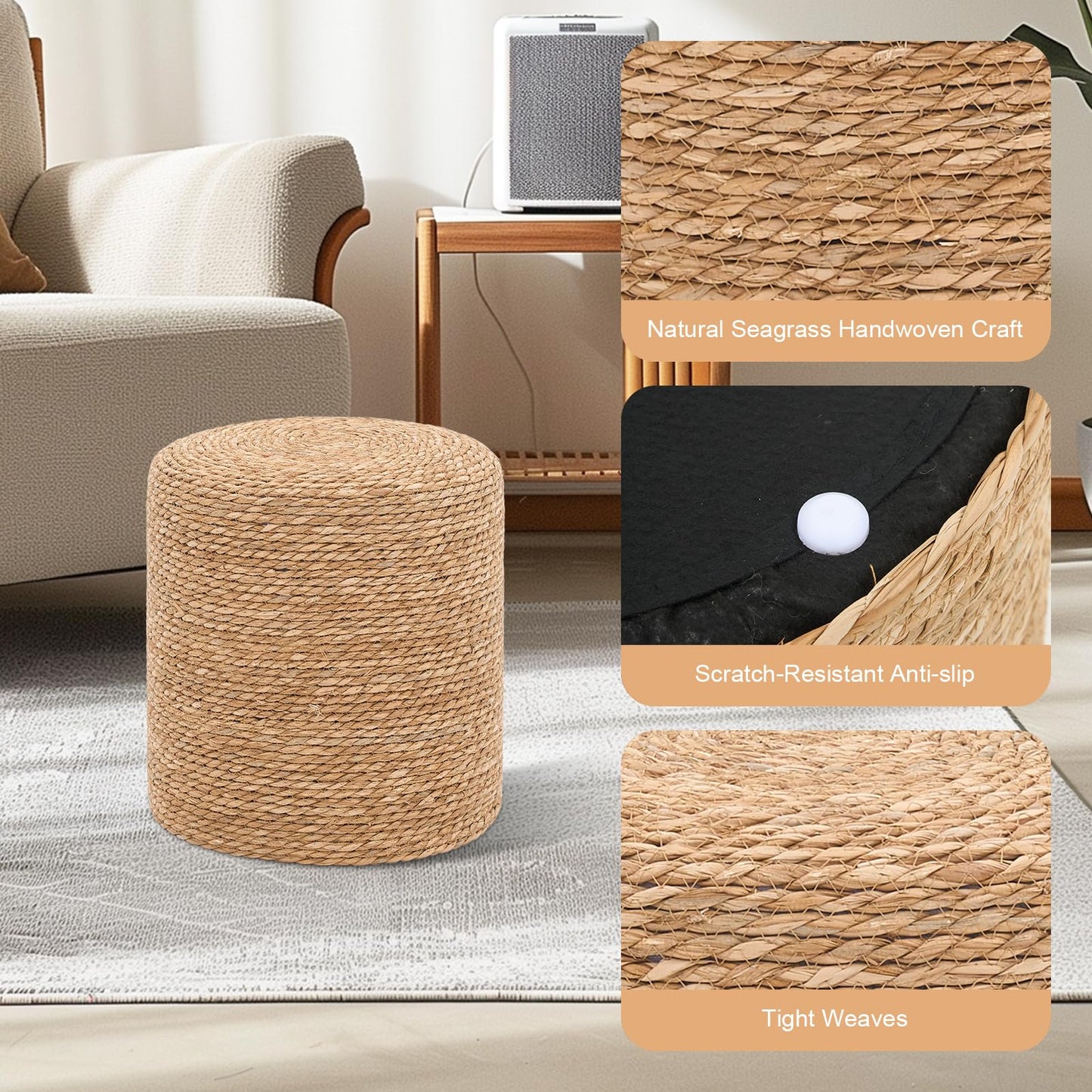 SJGUOJI 16'' Round Ottoman Natural Seagrass Braided Poof Hand Weaving Round Ottomans Boho Footrest Stool for Home Living Room Bedroom Patio(Natural)