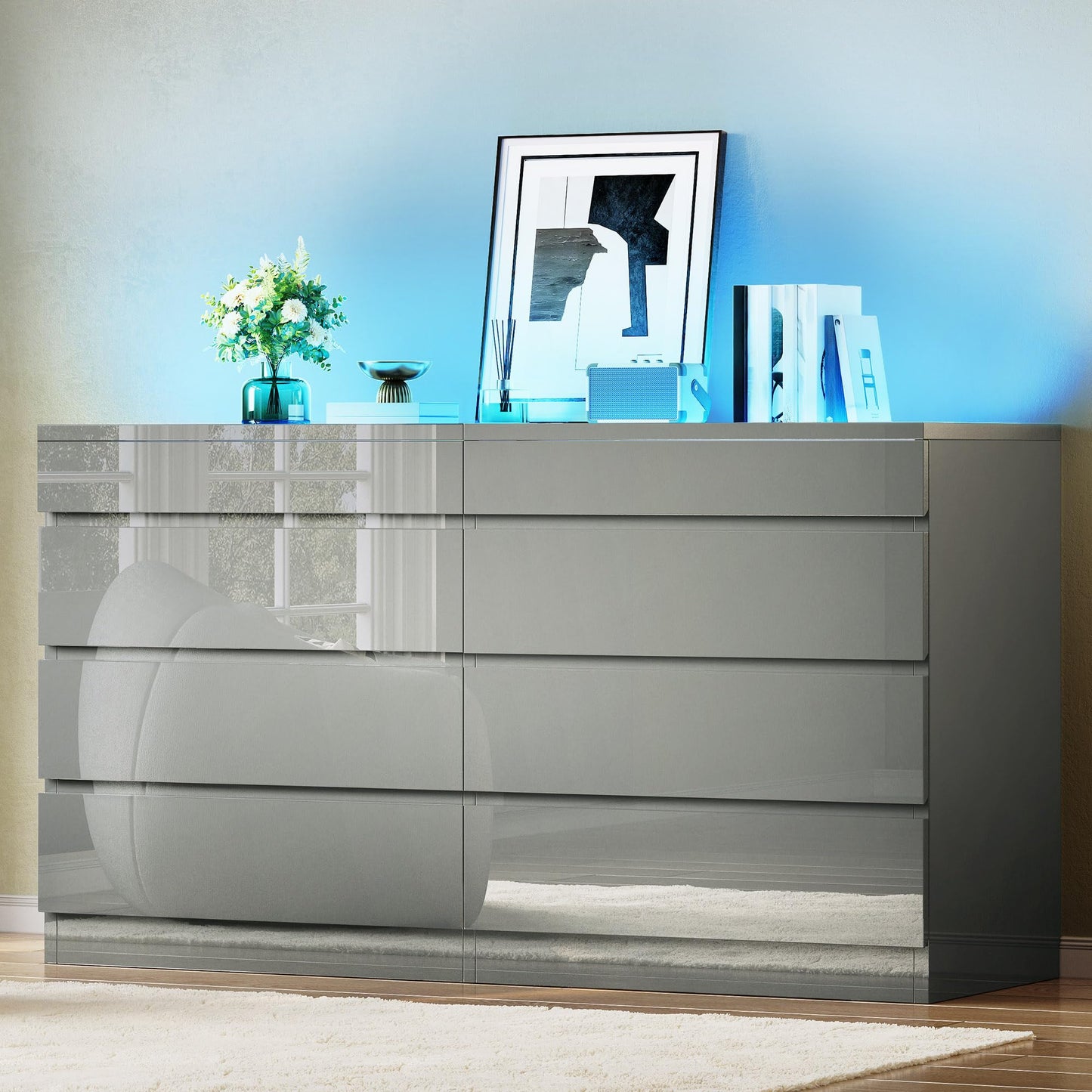 DWVO 8 Drawer Dresser with LED Light,Grey Dresser, Modern 8 Chest of Drawers with Deep Drawers Glass Top High Gloss Surface, Storage Organizer Cabinet for Living Room, Bedroom