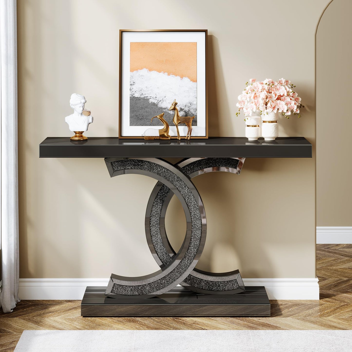 Mirrored Console Table, 39 Inch Modern Glass Entryway Table with C-Shaped Base, Black Finish Hallway Sofa Table for Living Room