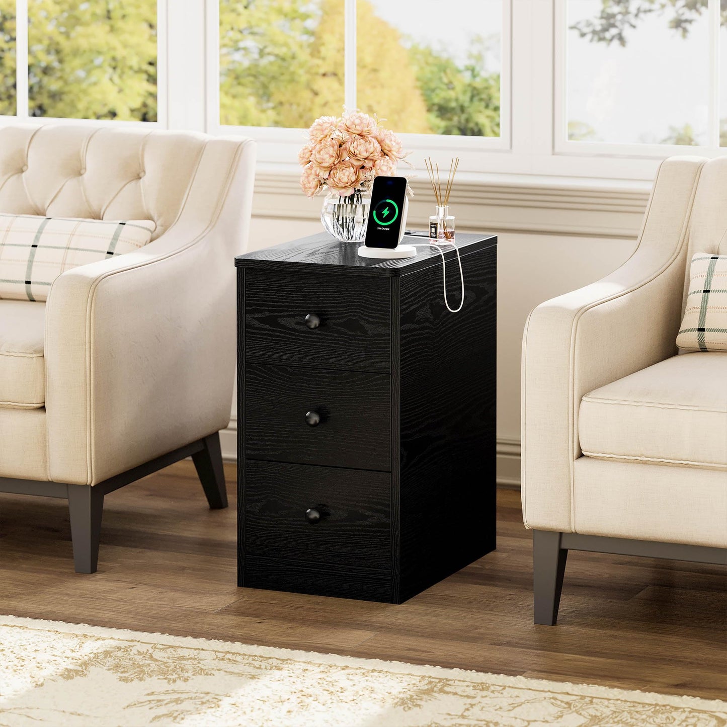 LIKIMIO Nightstand with Charging Station, Narrow Bedside Table with 3 Drawers, End Table with USB Ports and Outlets, Side Table for Living Room/Bedroom Modern