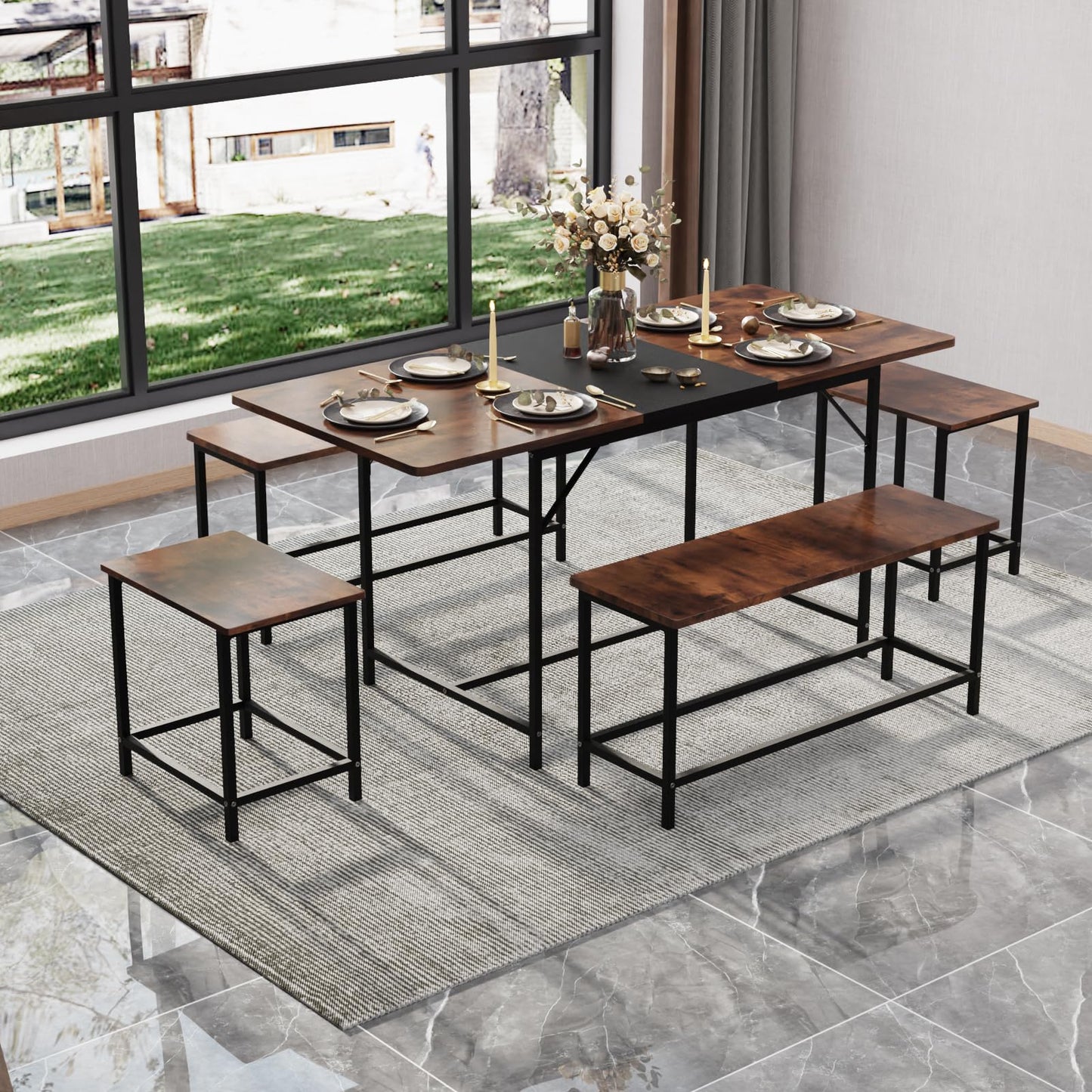 amzzar 5 Piece Dining Table Set for 4-6, 63" Extendable Dining Room Table with 2 Benches & 2 Stools, Farmhouse Kitchen Table and Chairs with Metal Frame & MDF Board,Space-Saving, Rustic Brown