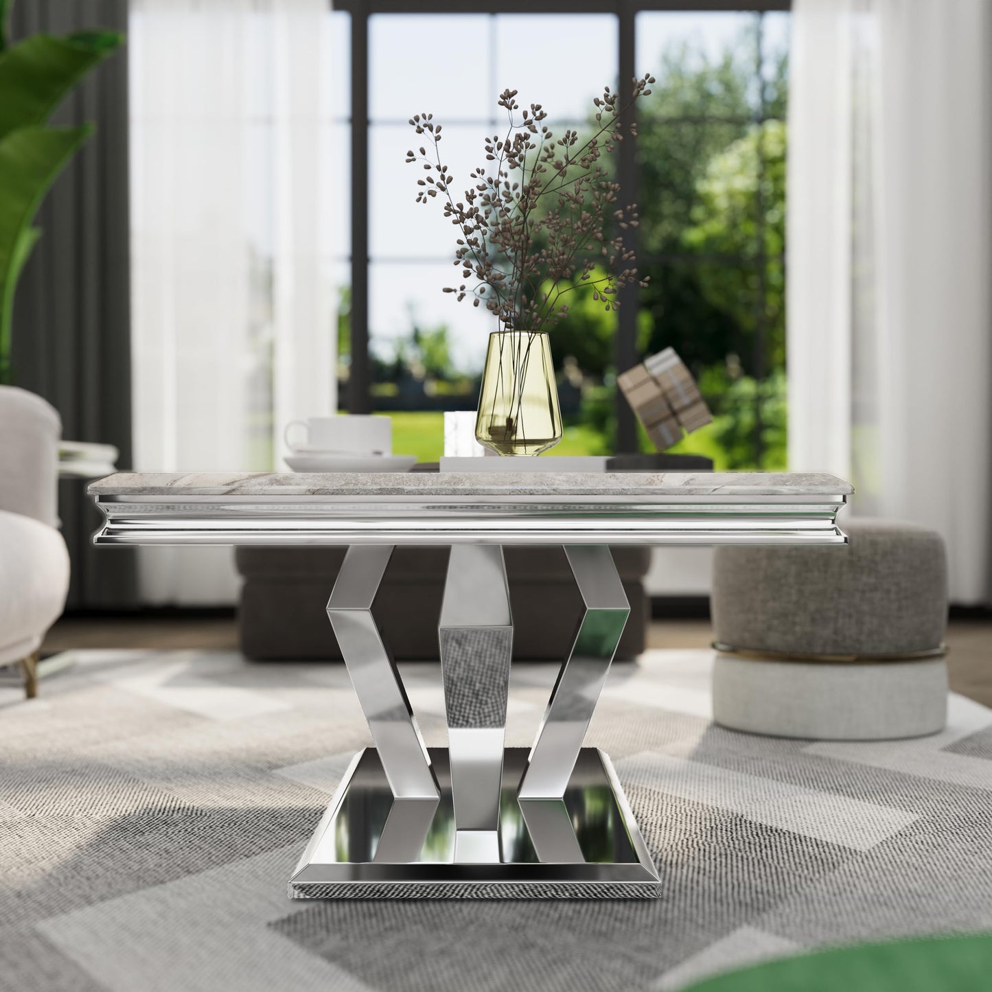 Asday Silver Gray Coffee Table with Four Metal Geometric Legs and 48‘’ High Gloss Top for Living Room, Office, Reception Room
