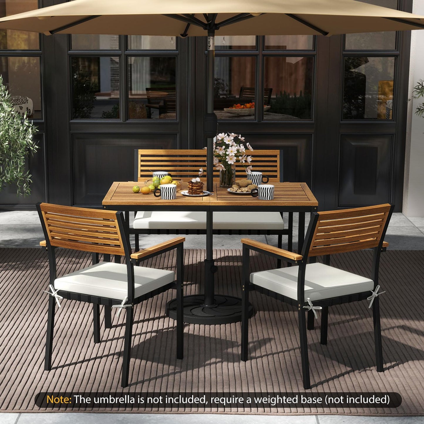 Tangkula 4-Piece Patio Furniture Set, Outdoor Dining Chair Set for 4 w/Acacia Wood & Metal Frame, Umbrella Hole, 1 Table, 2 Armchairs, 1 Bench for Lawn, Garden, Backyard, Porch (Off White)