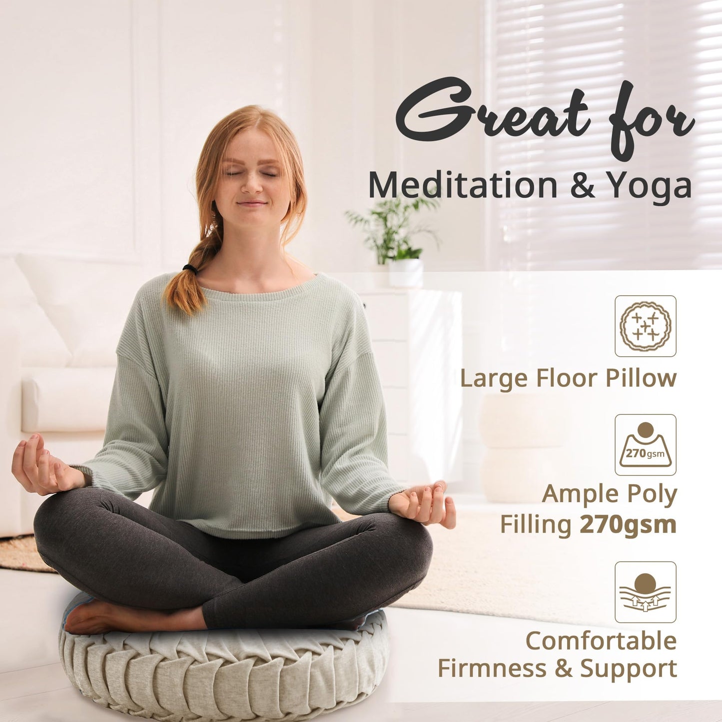 Intelligent Design Loretta Chenille Round Floor Pillow Meditation Cushion, Soft Color & Natural Luster Button Tufted with Elegant Pleated Details, Dia 22"x6"H, Ivory