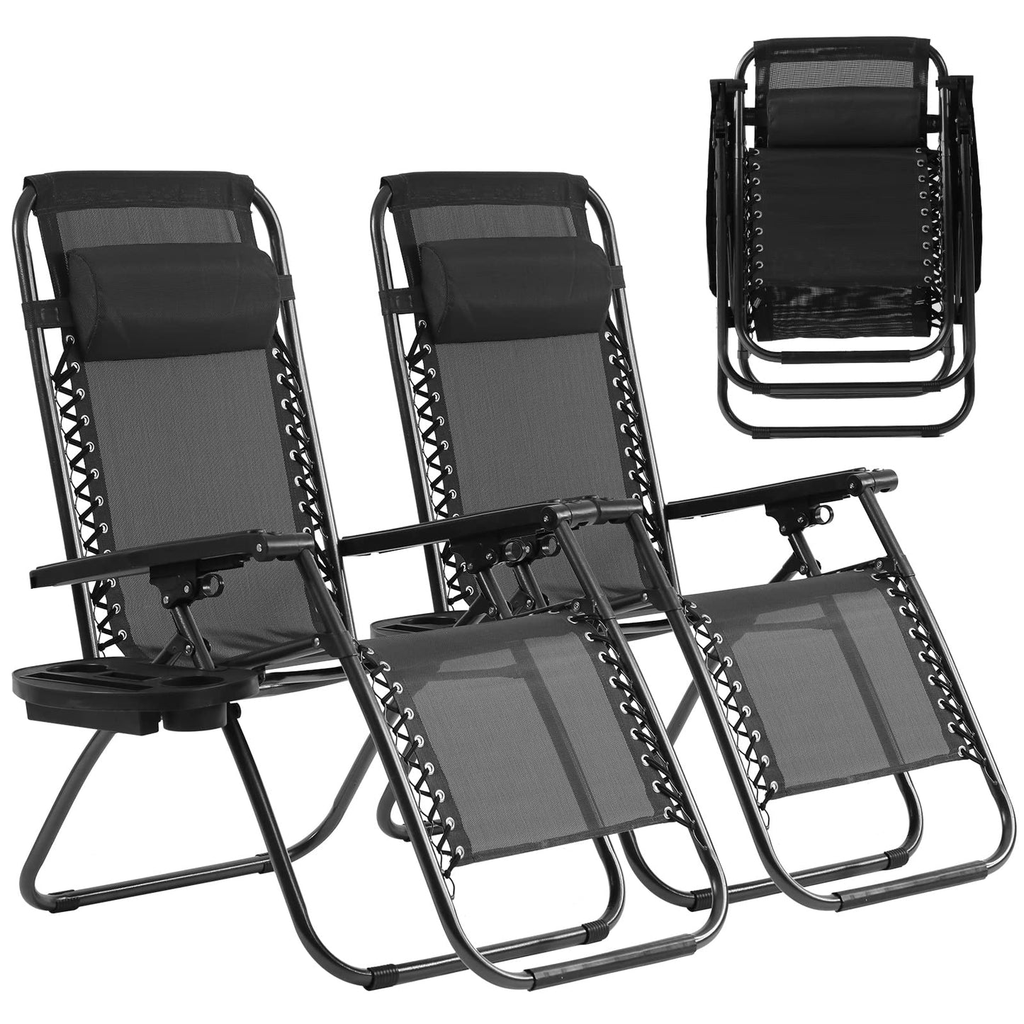 Pazidom Zero Gravity Chair Set of 2, Folding Lounge Chair Adjustable Reclining Chair Camping Lawn Chair w/Pillow and Cup Holder Tray, Folding Chair Outdoor Chair - Comfortable & Breathable, Black
