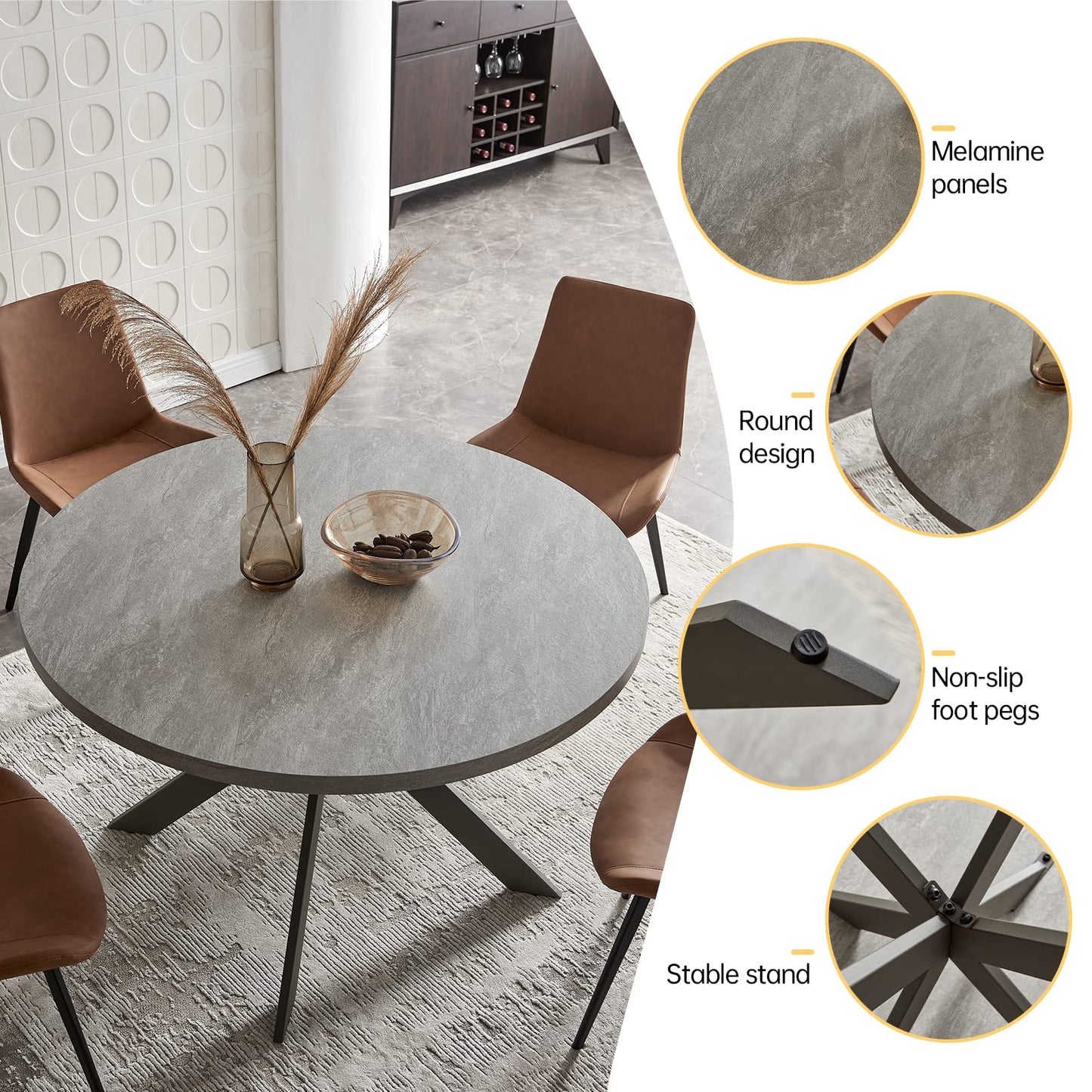 Zerifevni 45.3" Round Dining Table Set, Mid Century Modern Round Dining Table for 4-6 Person, Steel Legs, Leisure Coffee Table for Kitchen Dining Room, Save Space