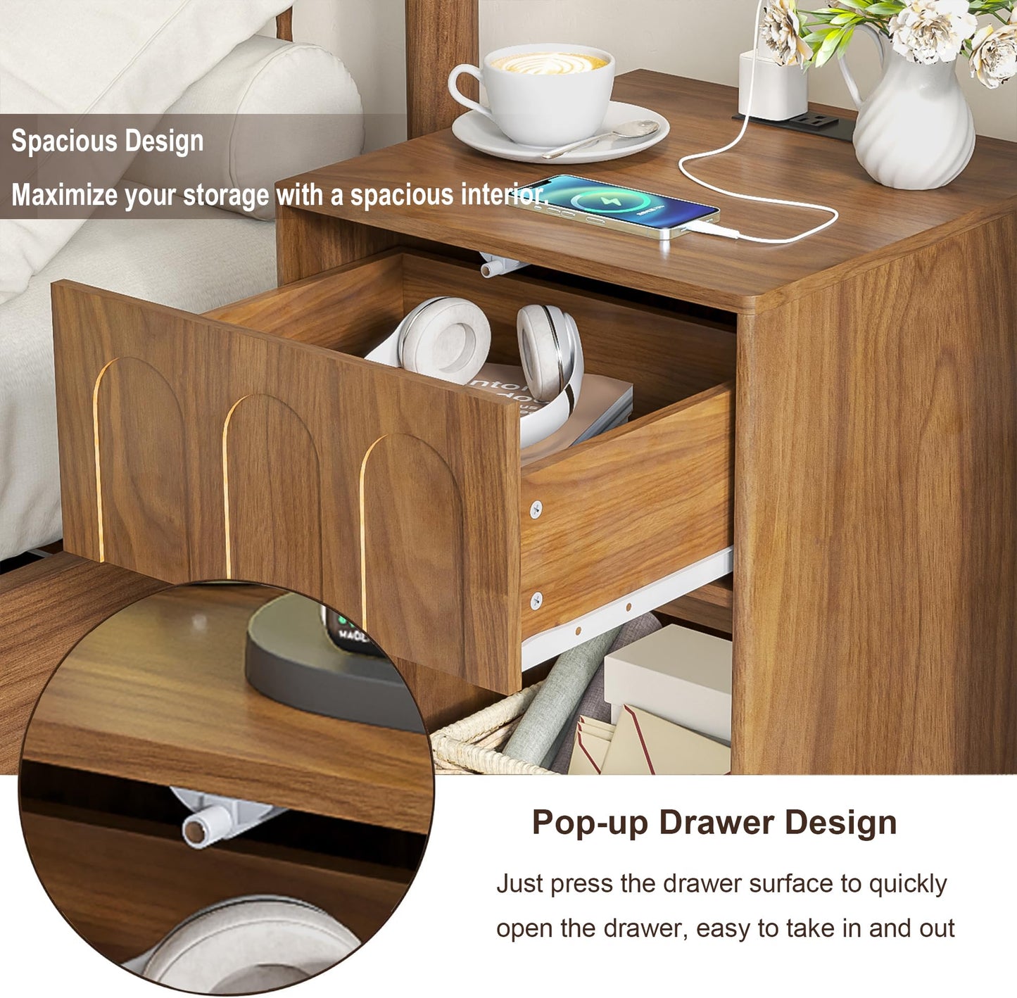 Limaoaio Nightstands Set of 2, 15.74'' Wide Night Stand with Drawer and Open Storage, Mid-Century Modern Wooden Bed Side Table End Table with Charging Station for Bedroom, Living Room (Walnut, 2Pcs)
