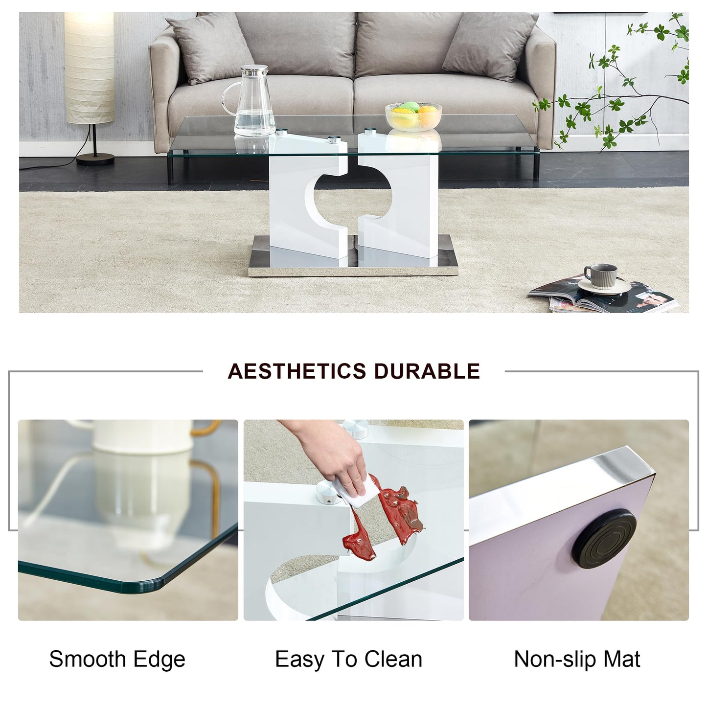 Henf Modern Luxury 47" Rectangle Glass Coffee Table for Living Room, Home Office, Tempered Glass Top, White Legs & Silver Base