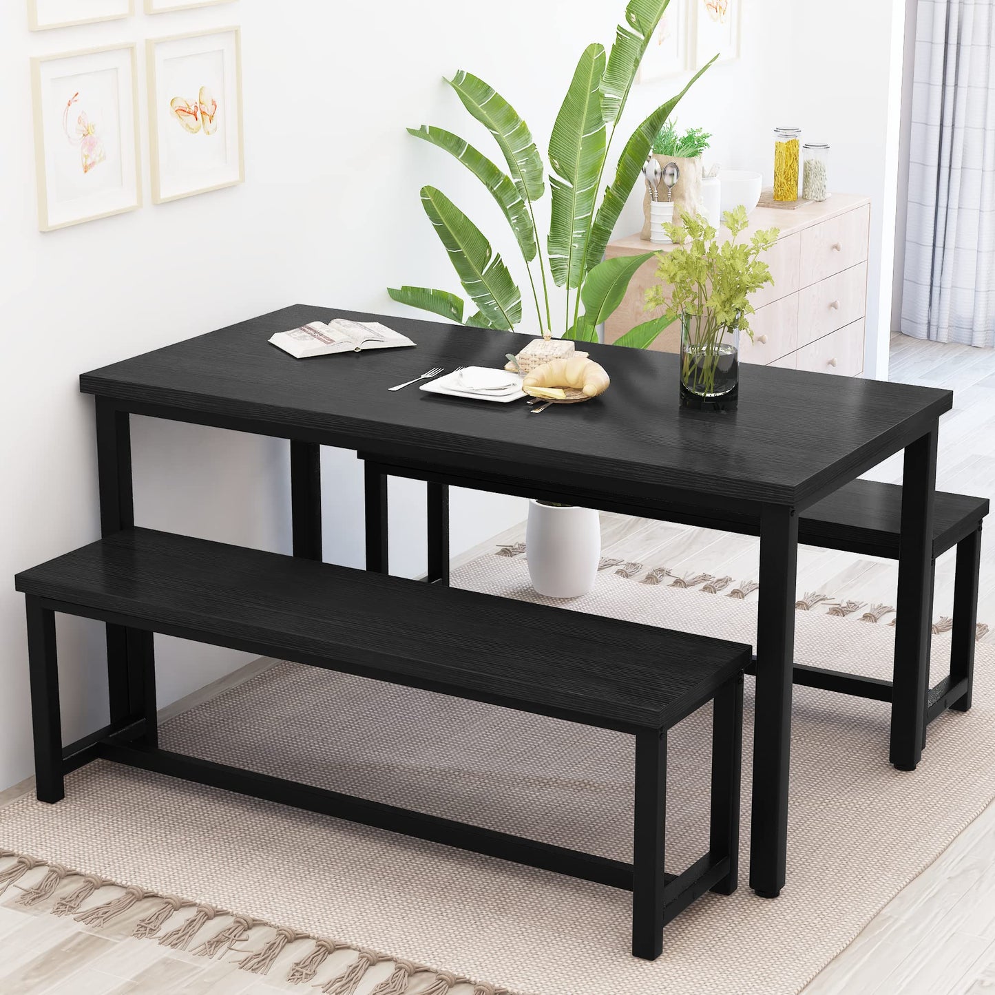 Recaceik Dining Table Set for 4 Kitchen Table Set with 2 Dining Benches, 3 Piece Farmhouse Dining Room Table Set Industrial Breakfast Nook Table Set for Small Space, Apartment, Black