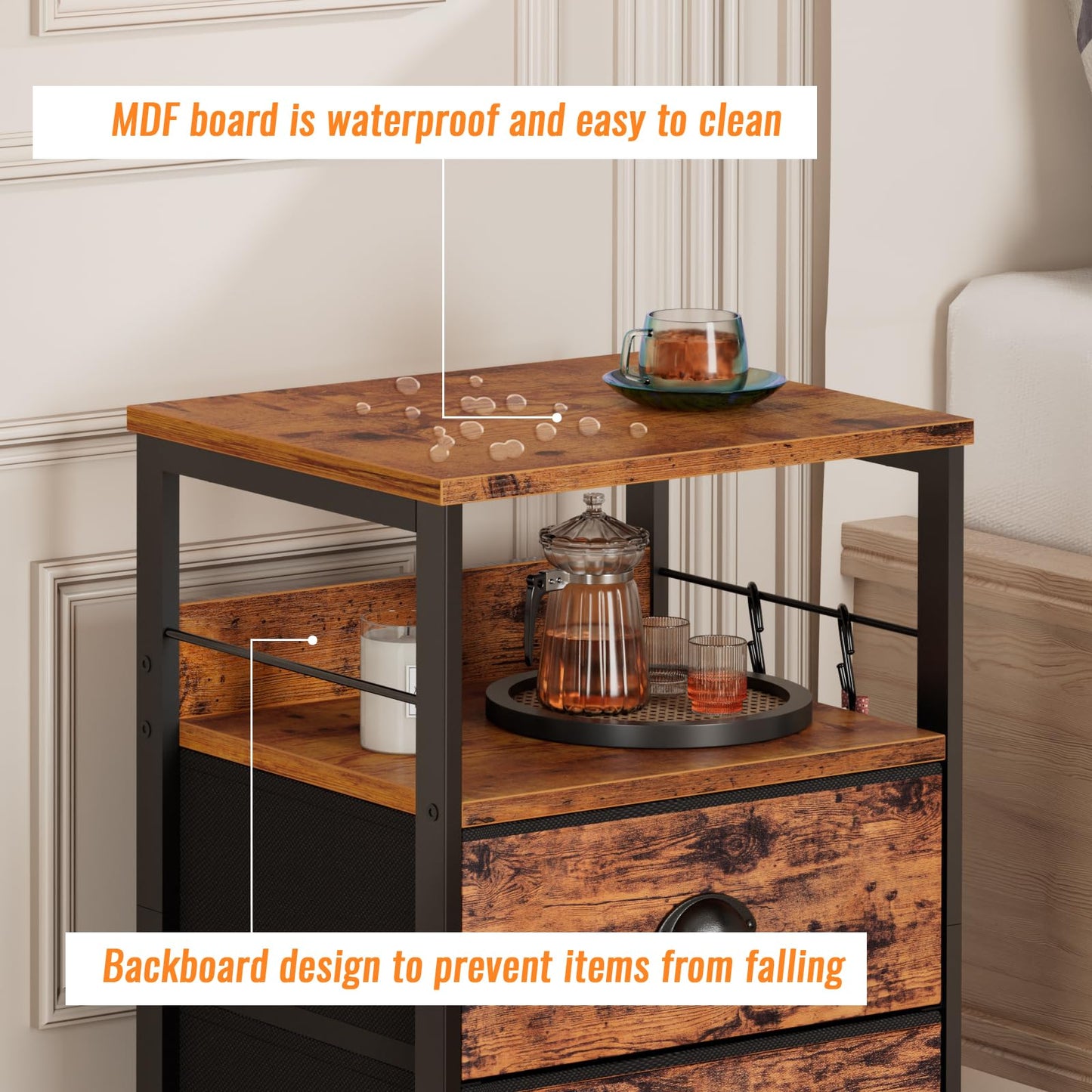 Furologee Nightstand with 2 Fabric Drawers, End Table with Open Wood Shelf, Side Sofa Table with 2 Hooks for Bedroom/Living Room/Study/Halway/Rustic Brown