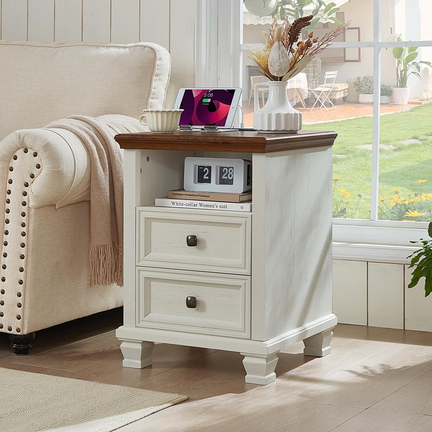 SAVOR LIFE Farmhouse Night Stand with Charging Station, Rustic and Modern Nightstand,2 Drawers End Table for Living Room,Bedside Table with Open Shelf for Bed Room,White
