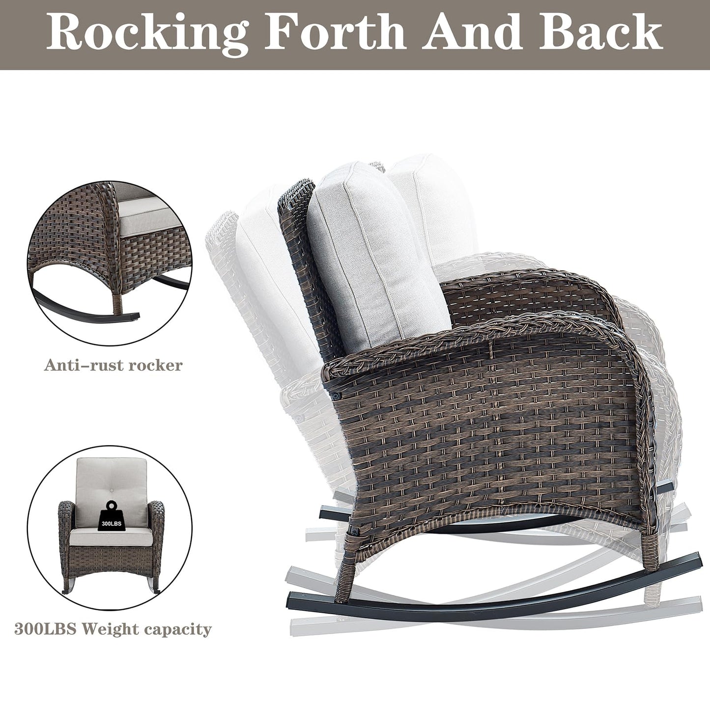 Belord Wicker Porch Rocking Chairs - 3 Pieces Patio Bistro Set High Back Outdoor Rocker Chairs Set with Side Table for Deck Balcony Brown/Beige