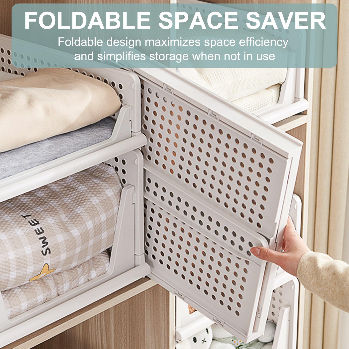 Stackable Foldable Storage Baskets, Folding Storage Bins, Closet Organizers and Plastic Drawer Shelf Storage Container for Wardrobe, Cupboard, Kitchen, Bathroom, Office (White, 4S)