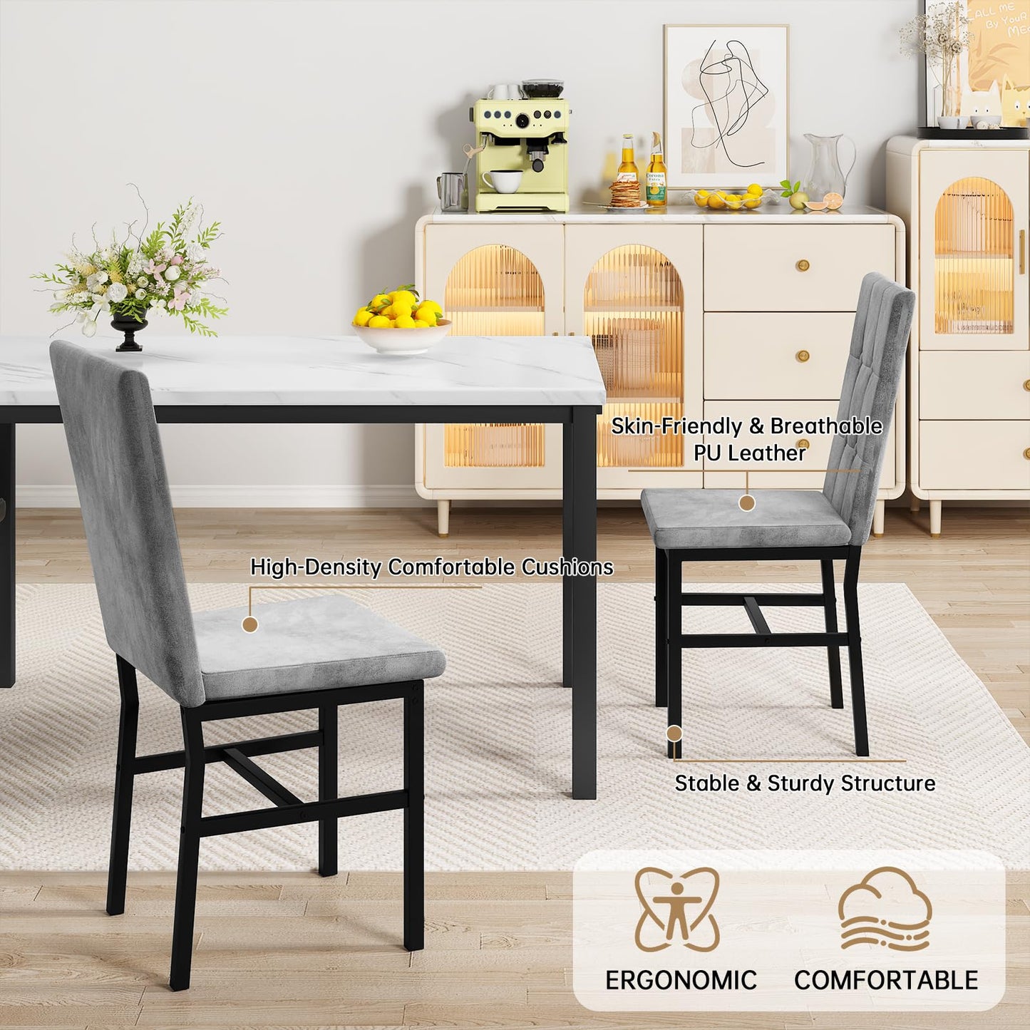 LinkRomat 5 Piece Dining Table Set for 4 Faux Marble Kitchen Table and Chairs Kitchen & Dining Room Sets for Small Space (White & Grey)