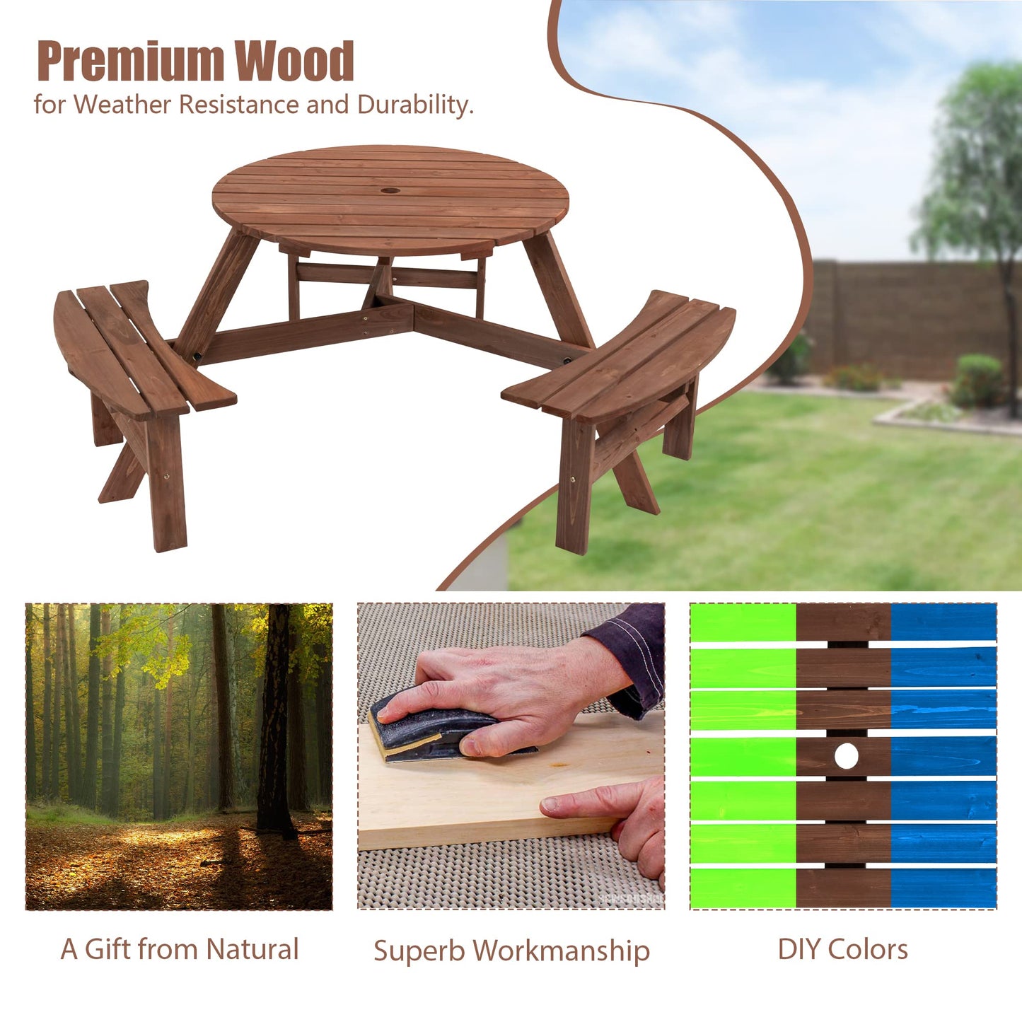 DOPERFE 6-Person Outdoor Round Wooden Picnic Table with 3 Built-in Benches, Outdoor Dining Set with Umbrella Holes, 1720 lb. Weight Capacity for Garden, Lawn, Patio (Brown, 66.92"*66.92"*27.55")