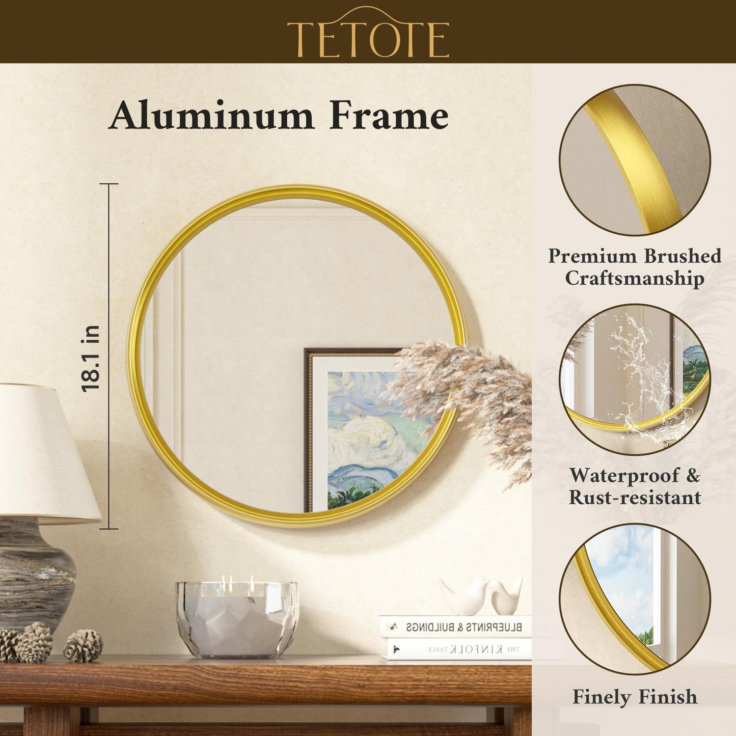 TETOTE Round 18 inch Brushed Gold Mirror for Entryway Decor Bathroom Vanity