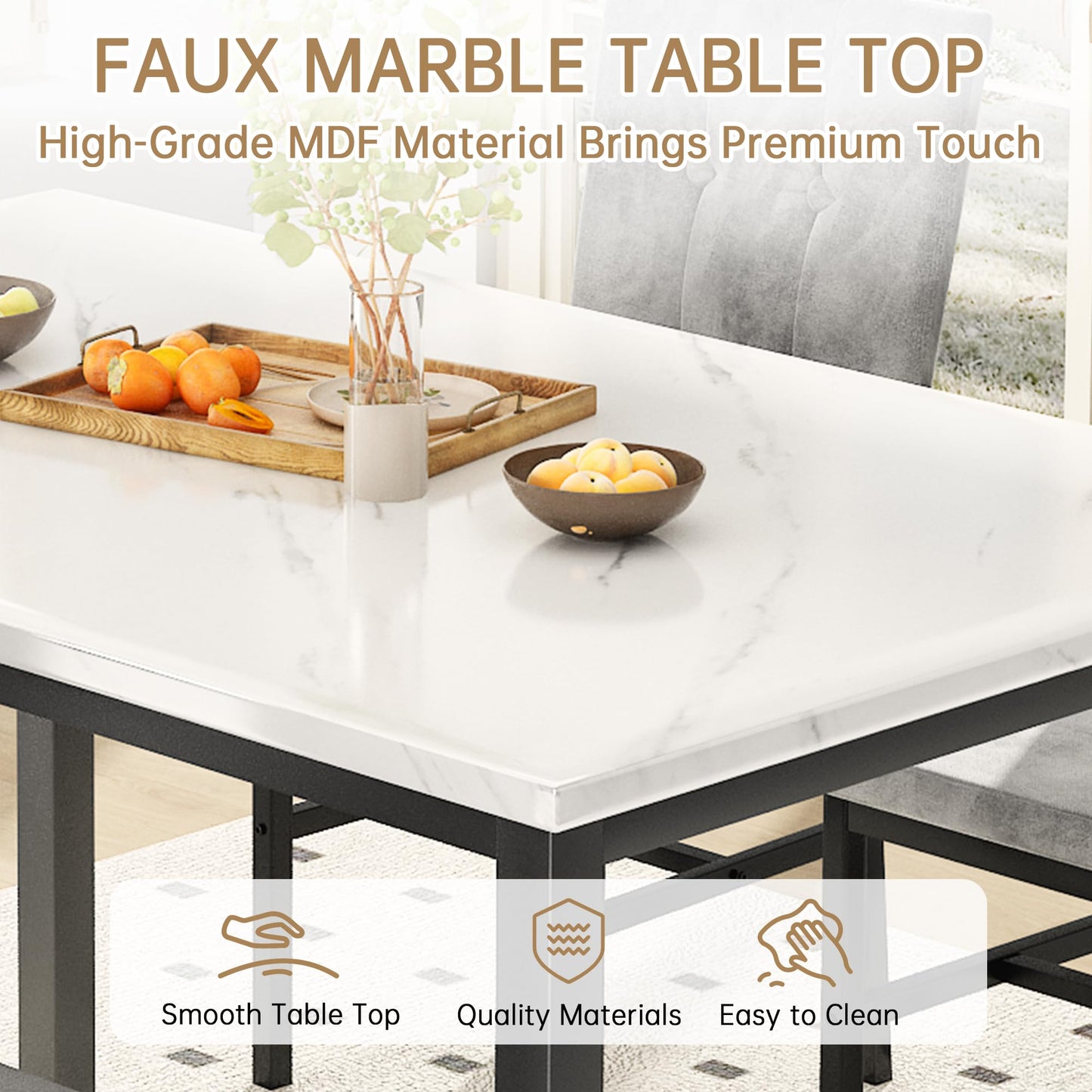 LinkRomat 5 Piece Dining Table Set for 4 Faux Marble Kitchen Table and Chairs Kitchen & Dining Room Sets for Small Space (White & Grey)