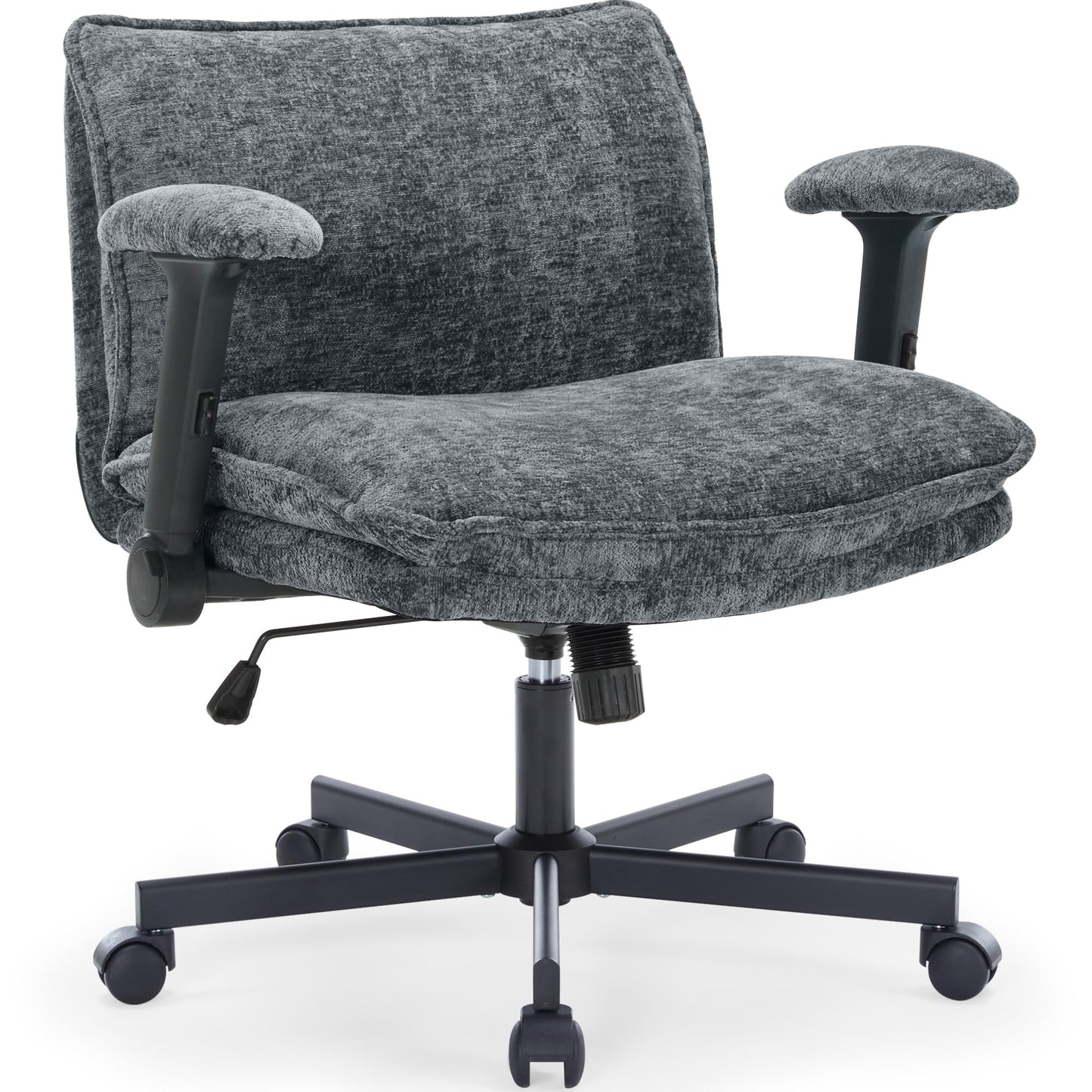 FanciSpot Cross Legged Office Chair with Wheels and Adjustable Flip-Arms, Criss Cross Desk Chair with Thick Cushion, Wide Seat Chair for Home Office, Apartment, Bedroom, Grey
