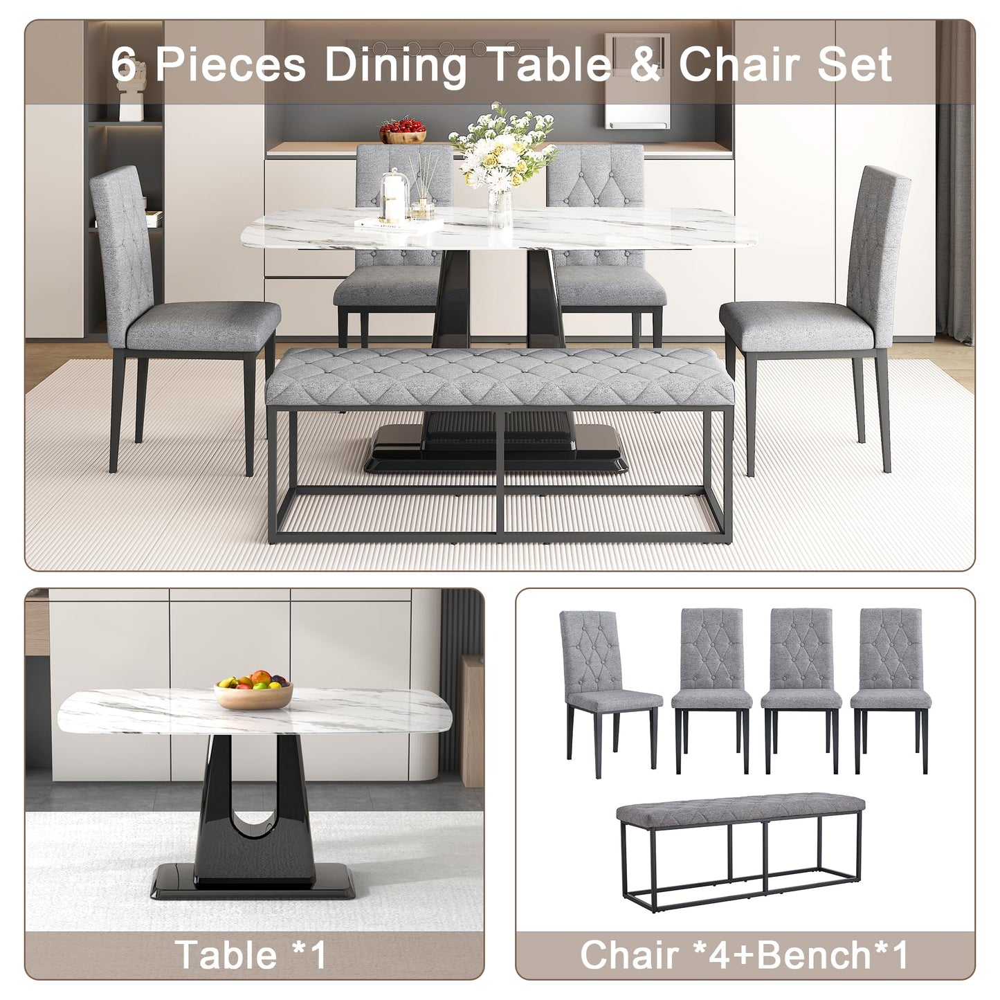 Modern Dining Room Table Set for 6,Marble Dining Table Set with Marble Tabletop,Kitchen Table Set with 4 Linen Tufted Chairs 1 Bench,63'' Kitchen Table Chairs Set for 6,6 Piece Dining Room Table Set