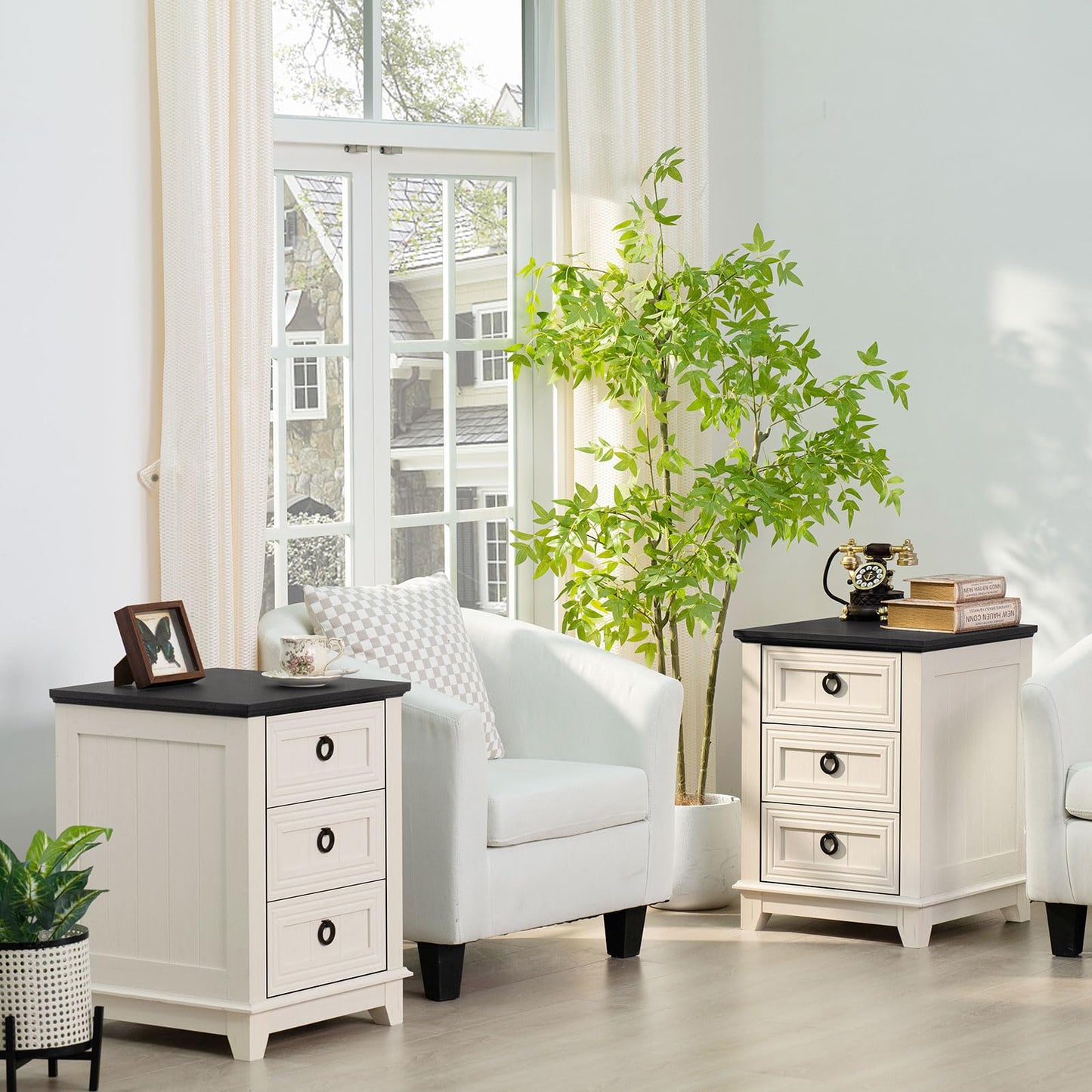 Joaxswe Farmhouse Night Stand Set of 2, 18" End Table with 3 Drawer Metal Handle, Dresser for Bedroom, Sofa Bed Side Table Chest of Drawers,Wood Nightstand Cabinet for Organizer, Living Room-White