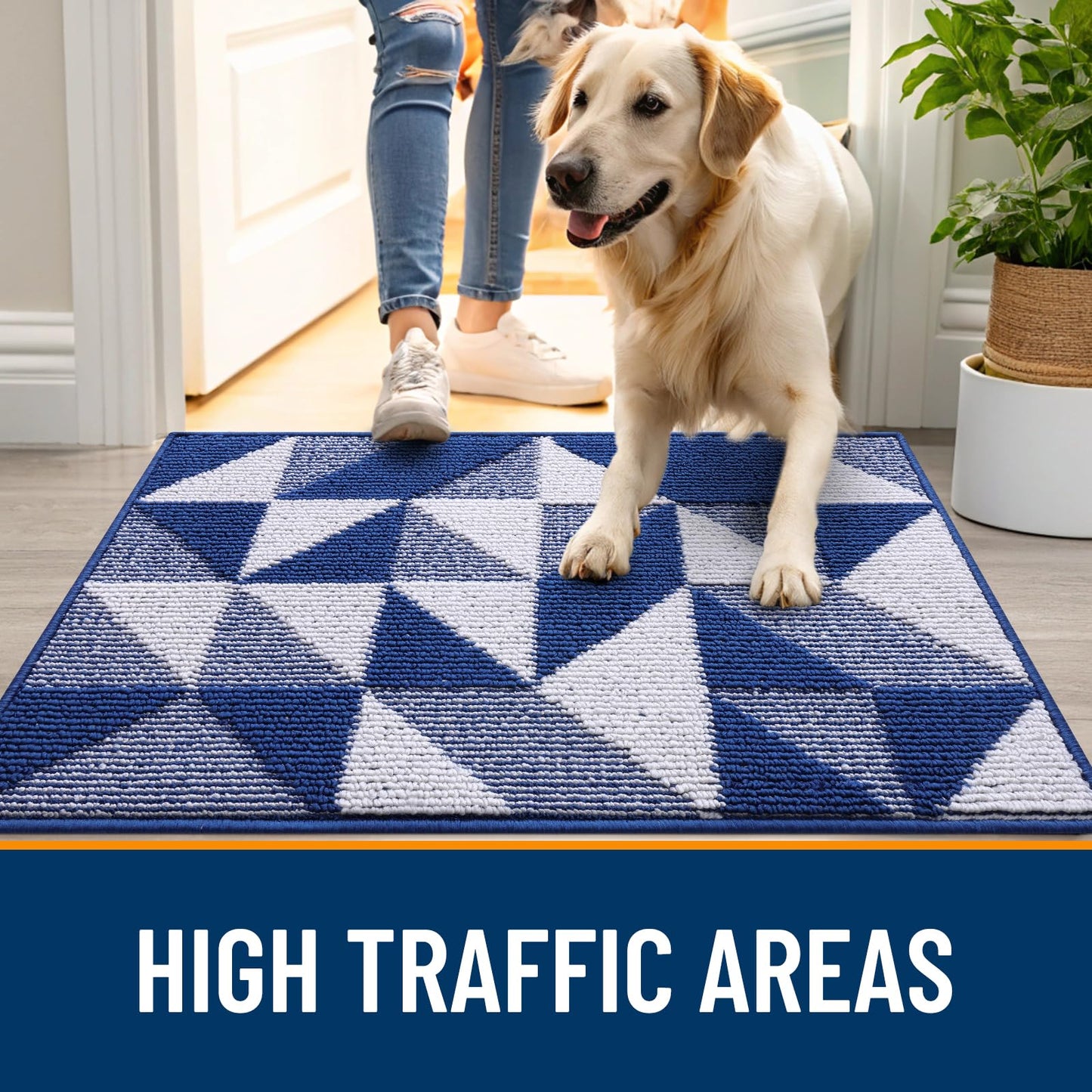 OLANLY Large Door Mat Indoor Entrance Washable 48x32, Odor-Free Low-Profile Front Back Geometric Doormat, Absorbent Resist Dirt Entry Carpet, Easy to Clean Sturdy Inside Floor Mats for Entryway, Navy