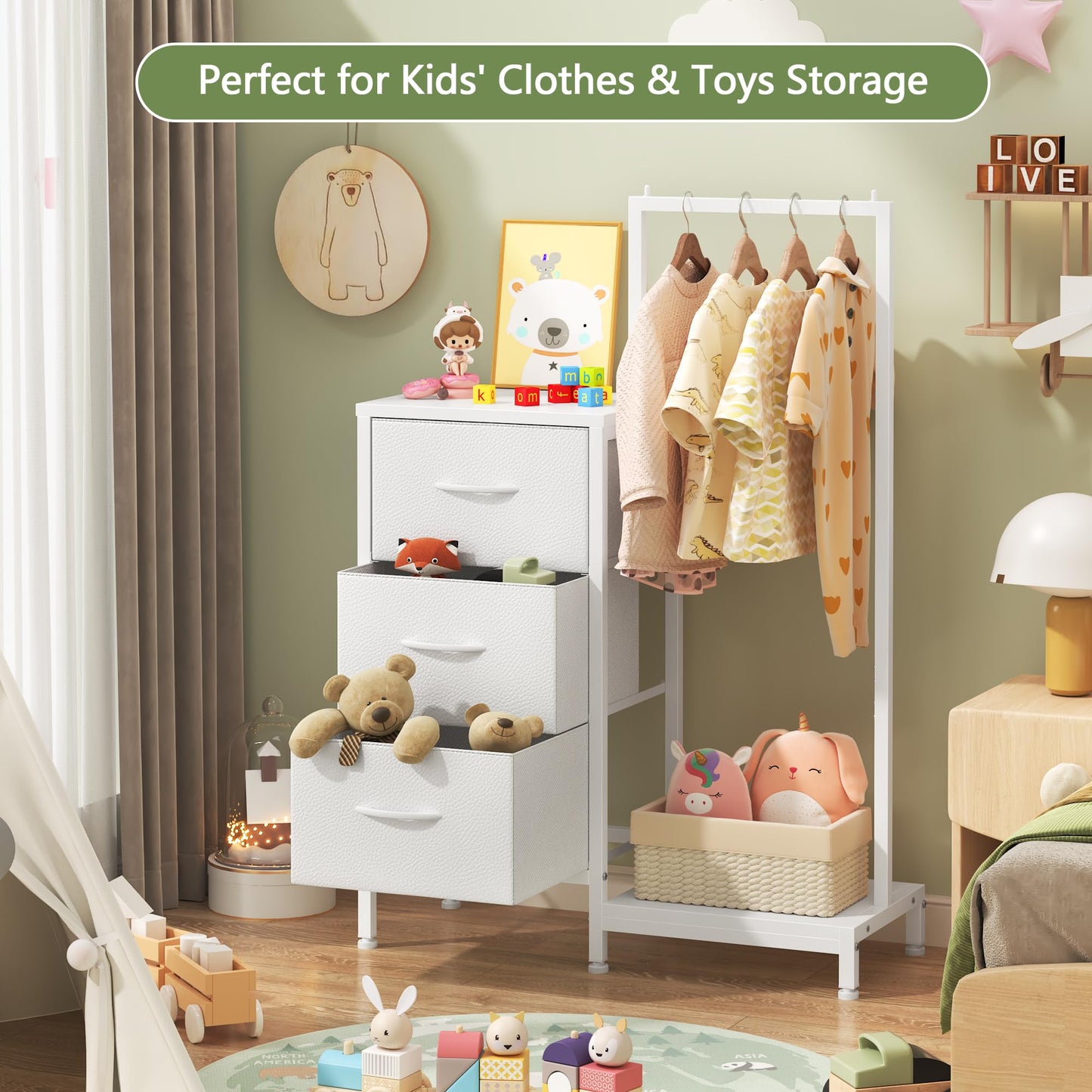 AFLUI Dresser for Bedroom with Hanging Rack, 3 Drawers Dresser for Bedroom - White