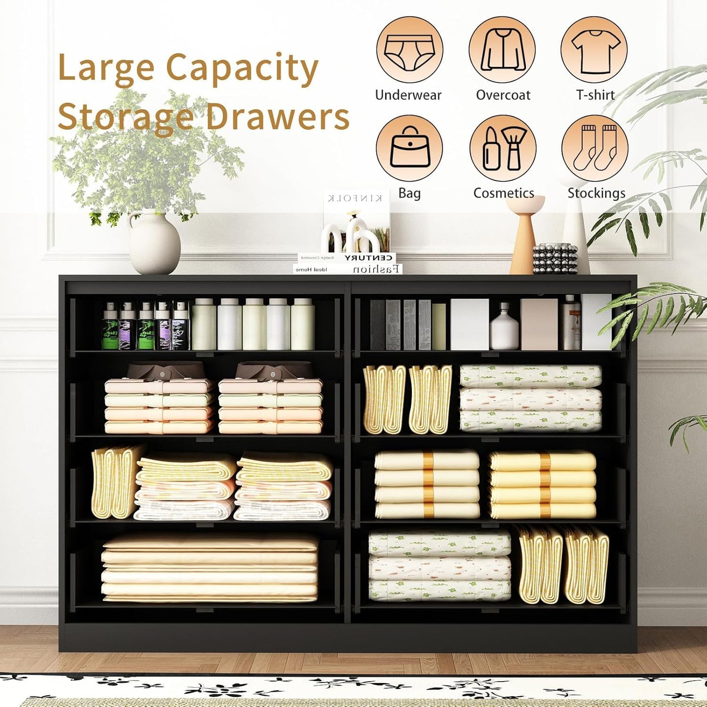 Sscaktu 8 Drawer Dresser for Bedroom, Modern Fluted Double Dresser, 55" Wide Chest of Dressers, Wooden Beside Table for Closet, Living Room and Entryway, Black